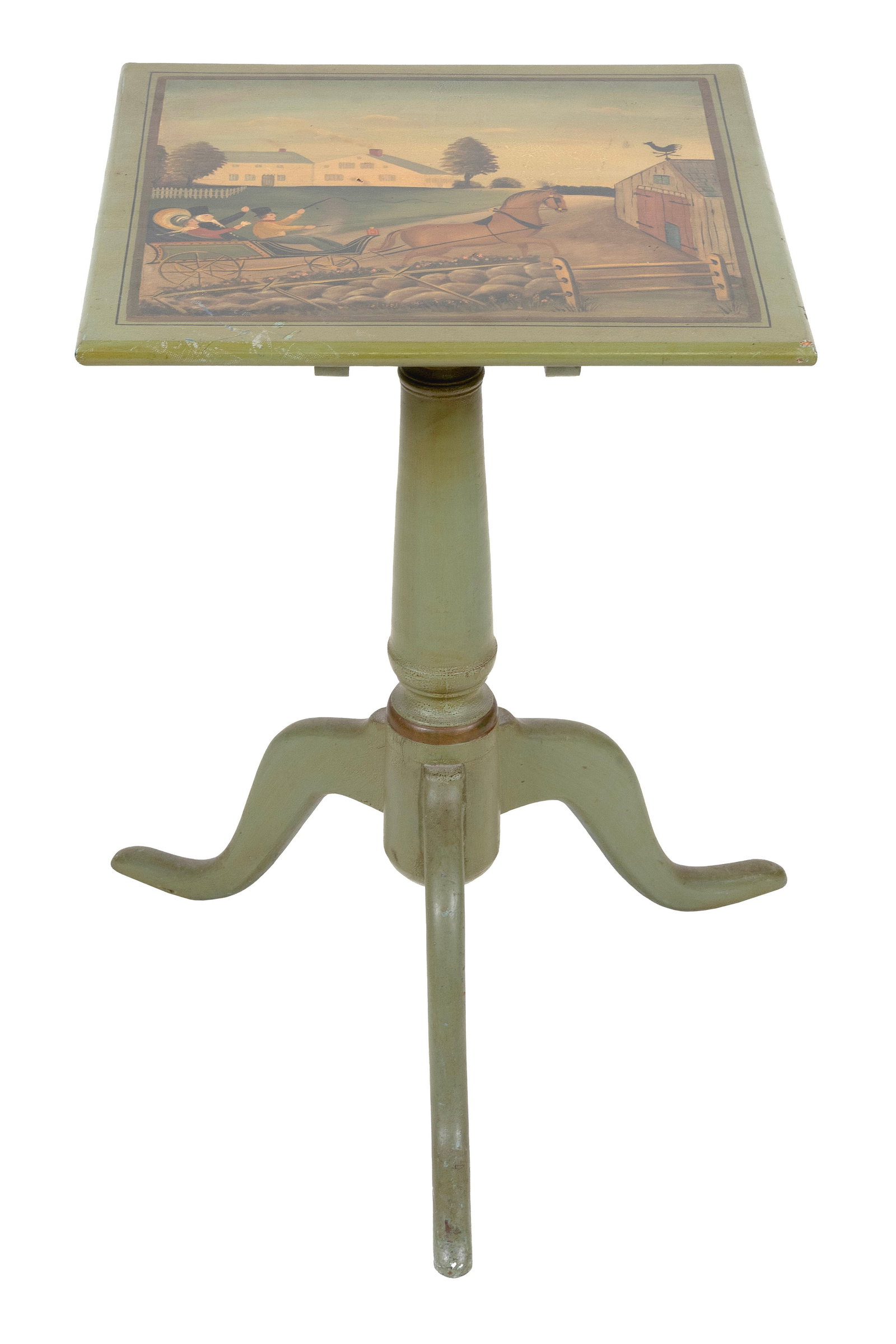 RALPH EUGENE CAHOON, JR. (Massachusetts, 1910-1982), Candlestand with painted decoration, the top: RALPH EUGENE CAHOON, JR. Massachusetts, 1910-1982 Candlestand with painted decoration, the top depicting figures in a horse-drawn carriage. Unsigned. Height 27". Top 18" x 18".