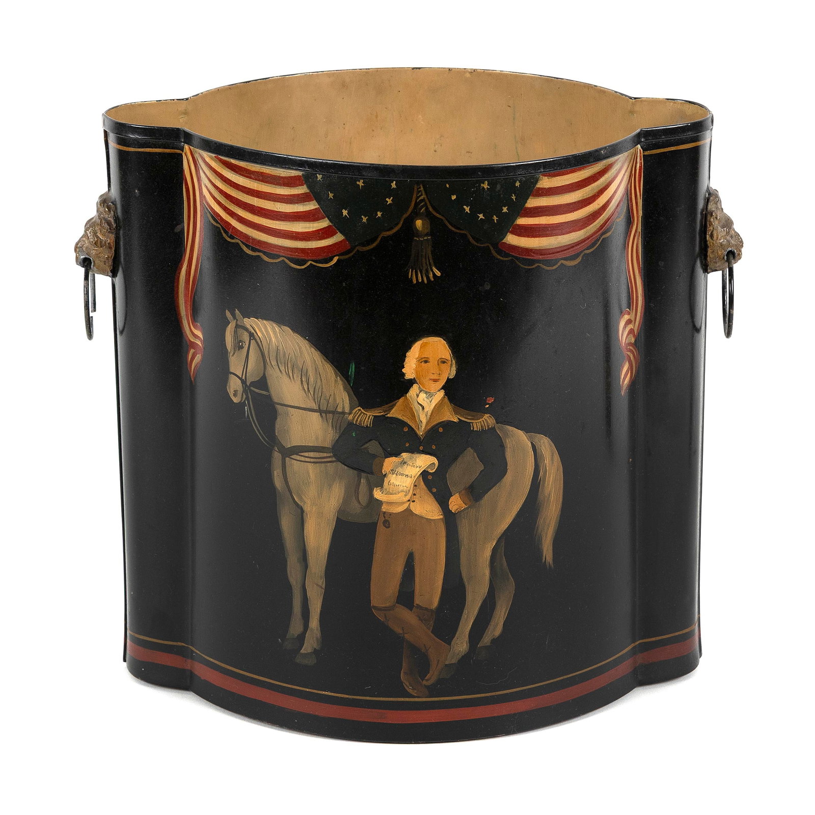 RALPH EUGENE CAHOON, JR. (Massachusetts, 1910-1982), Tin canister with painted decoration of George: RALPH EUGENE CAHOON, JR. Massachusetts, 1910-1982 Tin canister with painted decoration of George Washington by his horse. Unsigned.