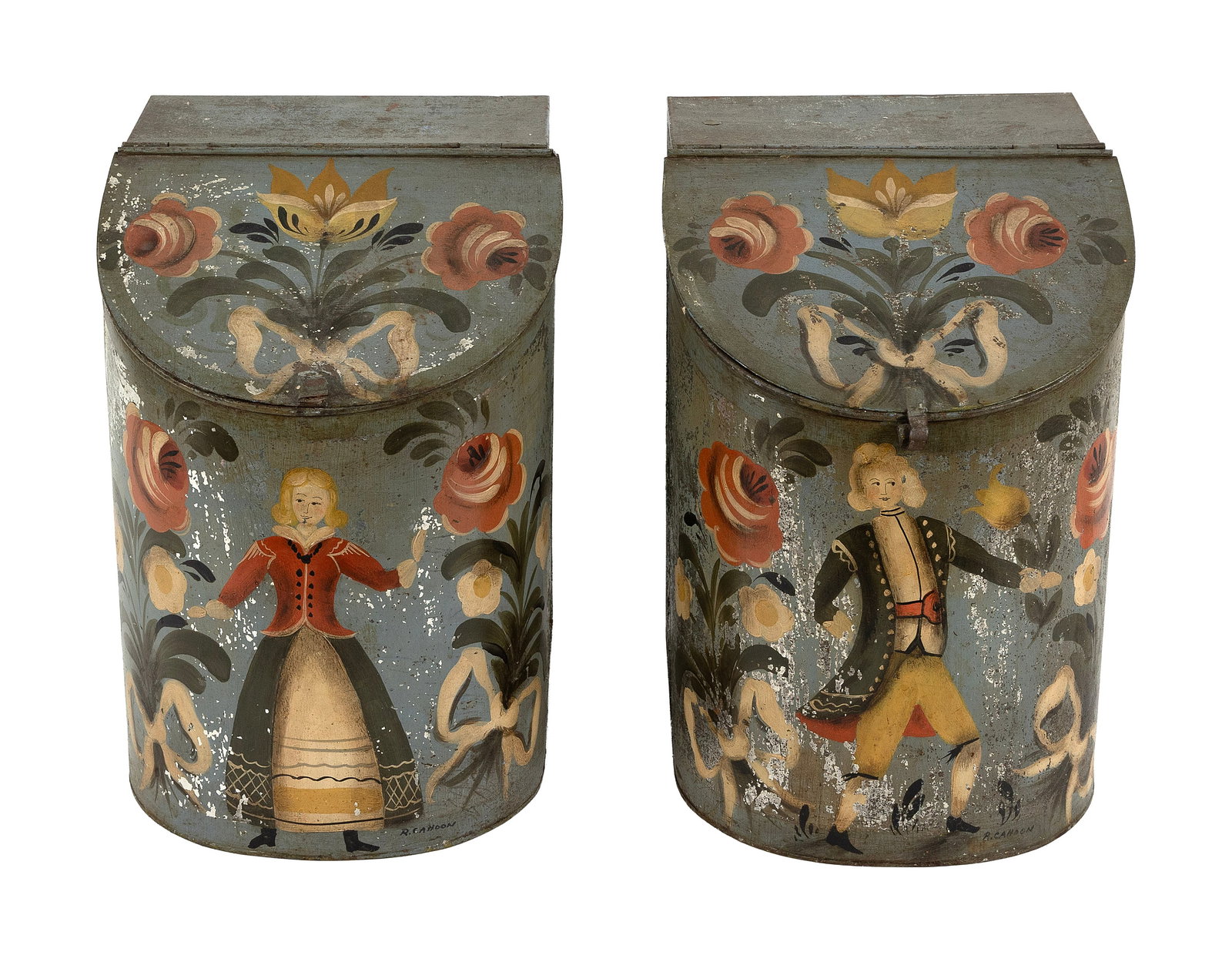 RALPH EUGENE CAHOON, JR. (Massachusetts, 1910-1982), Pair of tea canisters with painted Pennsylvania: RALPH EUGENE CAHOON, JR. Massachusetts, 1910-1982 Pair of tea canisters with painted Pennsylvania Dutch-style decoration featuring a man and woman and floral designs. Signed lower right "R. Cahoon". H