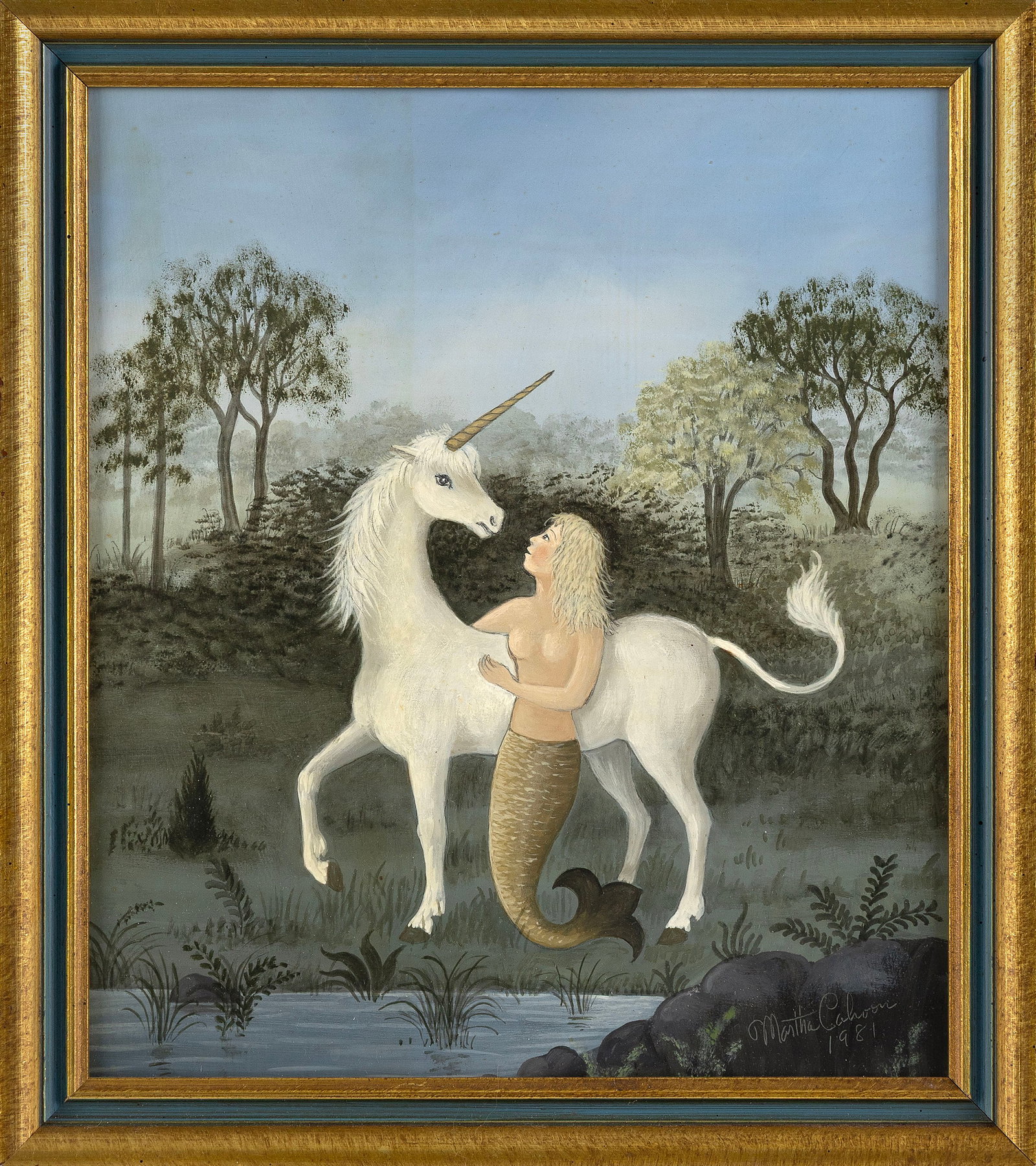 MARTHA FARHAM CAHOON (Massachusetts, 1905-1999), Unicorn and mermaid., Oil on board, 12" x 10.5". (1 of 2)