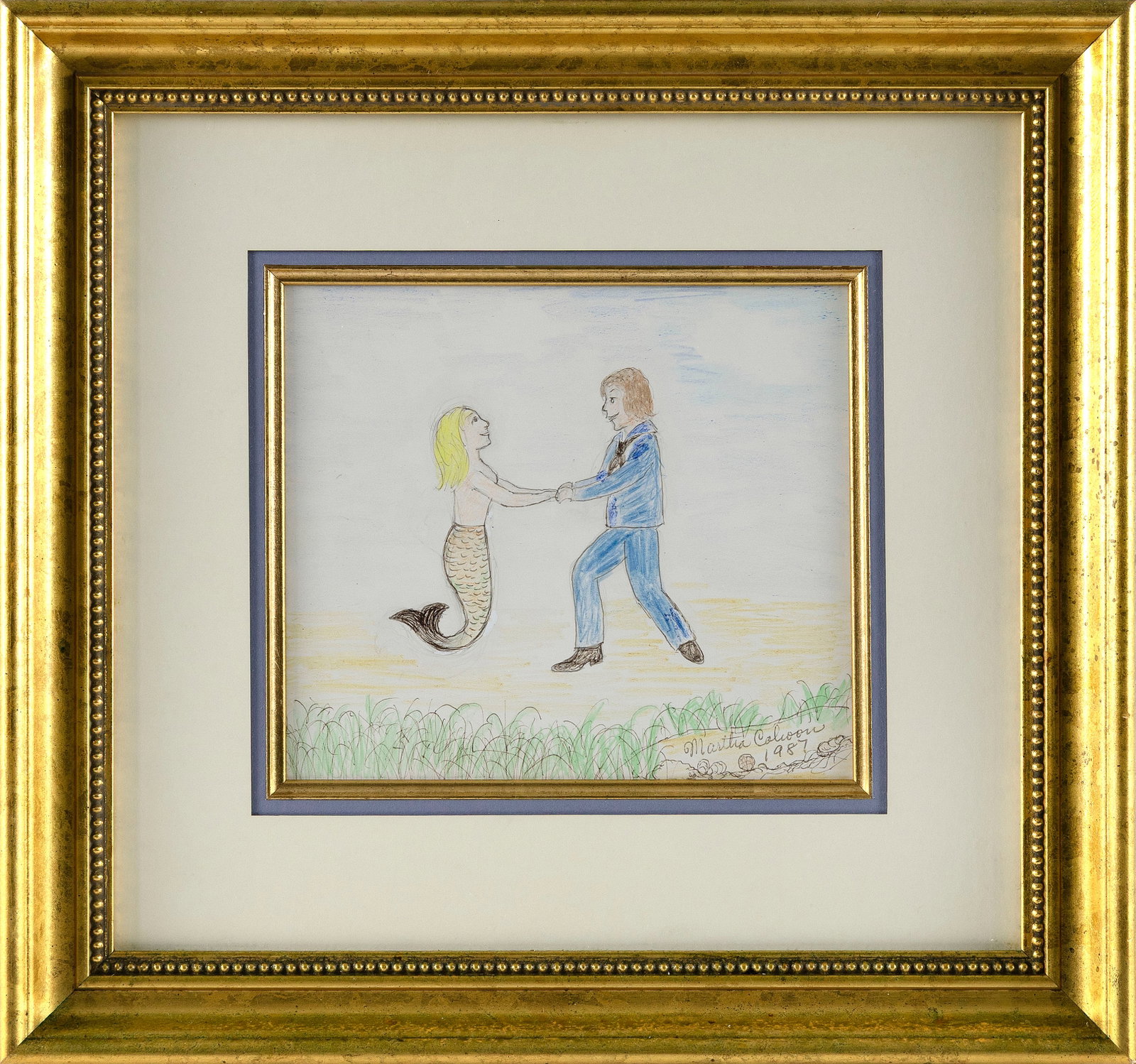 MARTHA FARHAM CAHOON (Massachusetts, 1905-1999), Man and mermaid., Mixed media on paper, 6.5" x 7.5" (1 of 1)