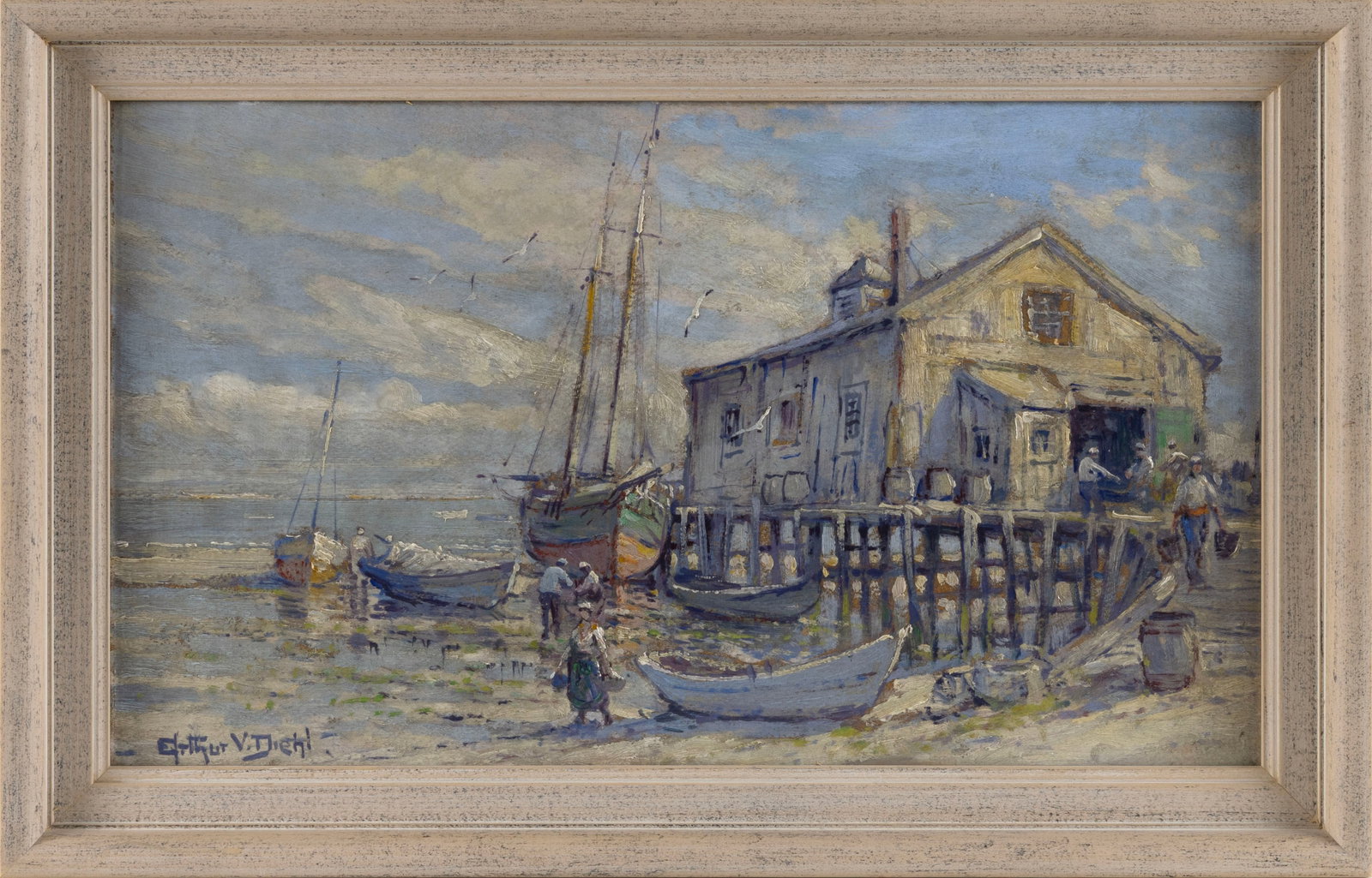 ARTHUR VIDAL DIEHL (Massachusetts/New York/England, 1870-1929), Fishing dock and warehouse., Oil on: ARTHUR VIDAL DIEHL Massachusetts/New York/England, 1870-1929 Fishing dock and warehouse. Signed lower left "Arthur V. Diehl". Oil on board, 11.5" x 19.5". Framed 15" x 23".