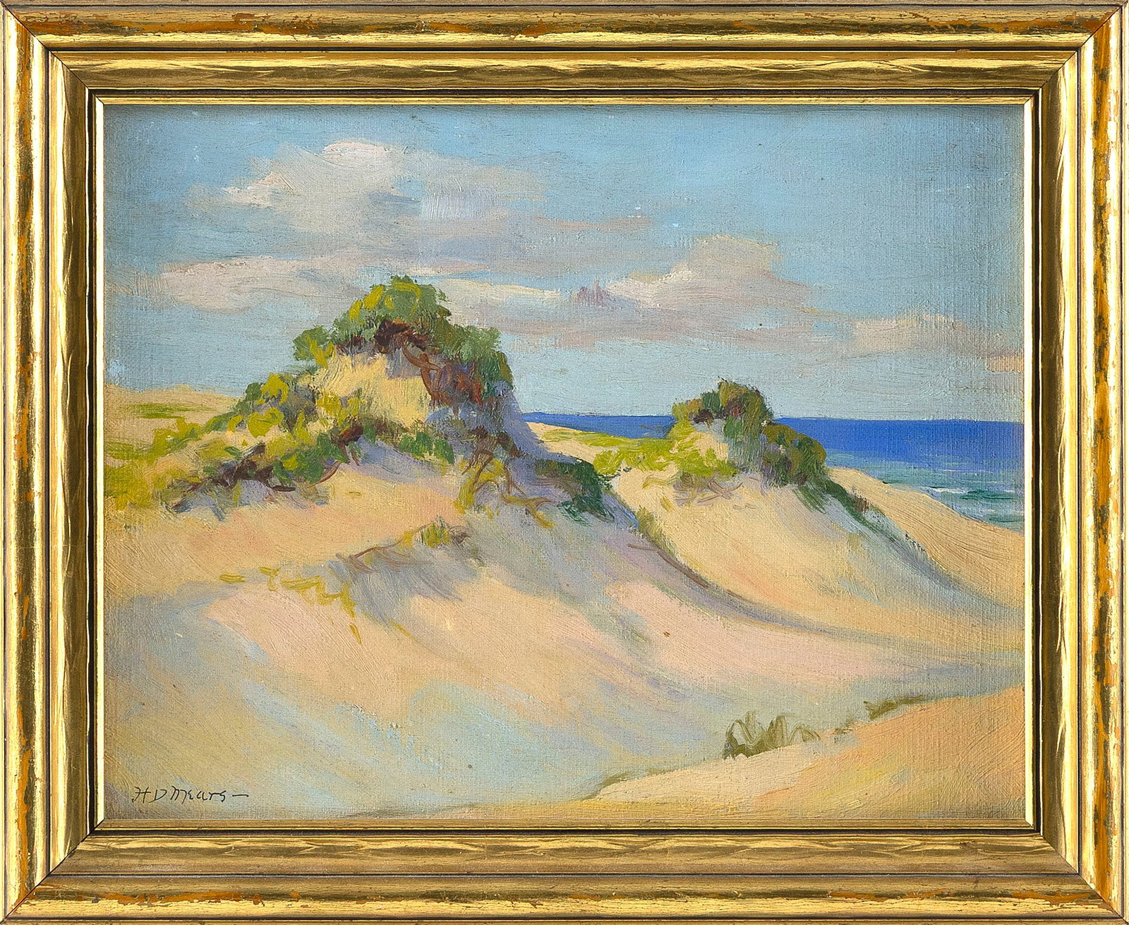 HENRIETTA DUNN MEARS (Massachusetts/Minnesota/Wisconsin/California, 1877-1970), "Twin Dunes,: HENRIETTA DUNN MEARS Massachusetts/Minnesota/Wisconsin/California, 1877-1970 "Twin Dunes, Provincetown". Signed lower left "H.D. Mears". Titled verso. Oil on canvas board, 7" x 9". Framed 8.5" x 10.5"