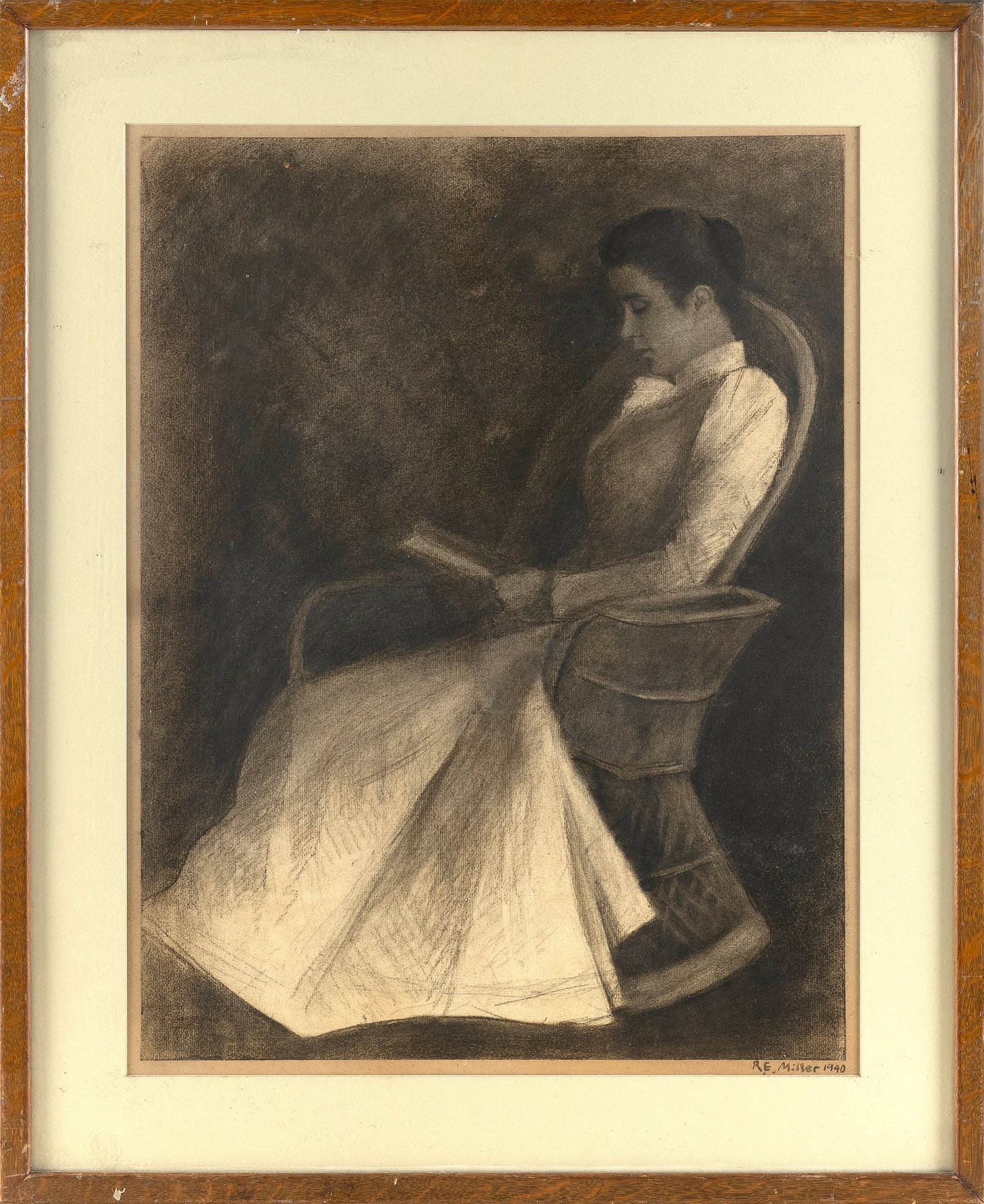 RICHARD EMIL MILLER (America/France, 1875-1943), Woman reading., Charcoal on paper, 22" x 16.5". (1 of 2)