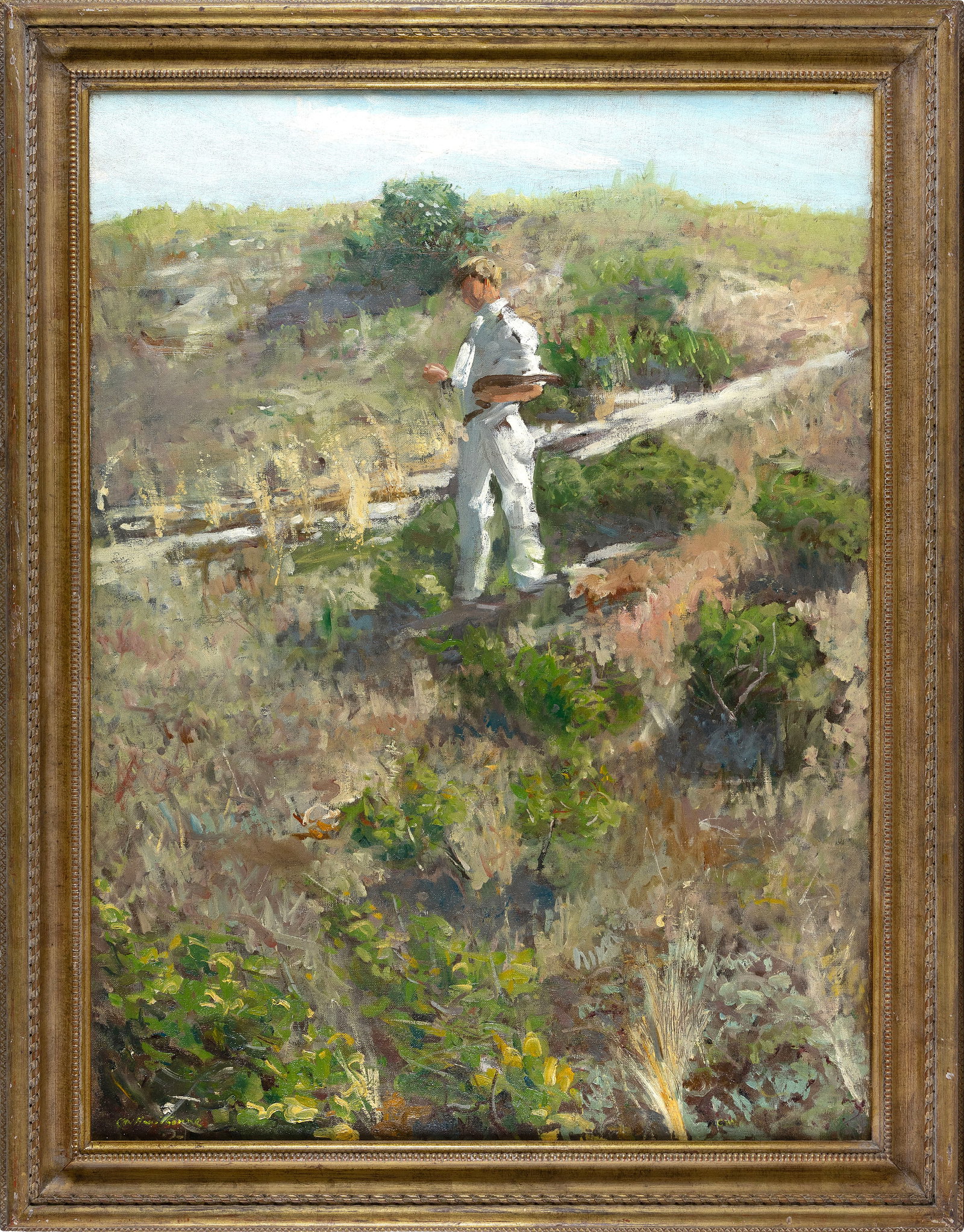 CHARLES WEBSTER HAWTHORNE (Massachusetts/New York, 1872-1930), "Artist Sketching"., Oil on canvas,: CHARLES WEBSTER HAWTHORNE Massachusetts/New York, 1872-1930 "Artist Sketching". Signed lower left "Ch. Hawthorne". Oil on canvas, 40" x 30". Framed 47" x 37".