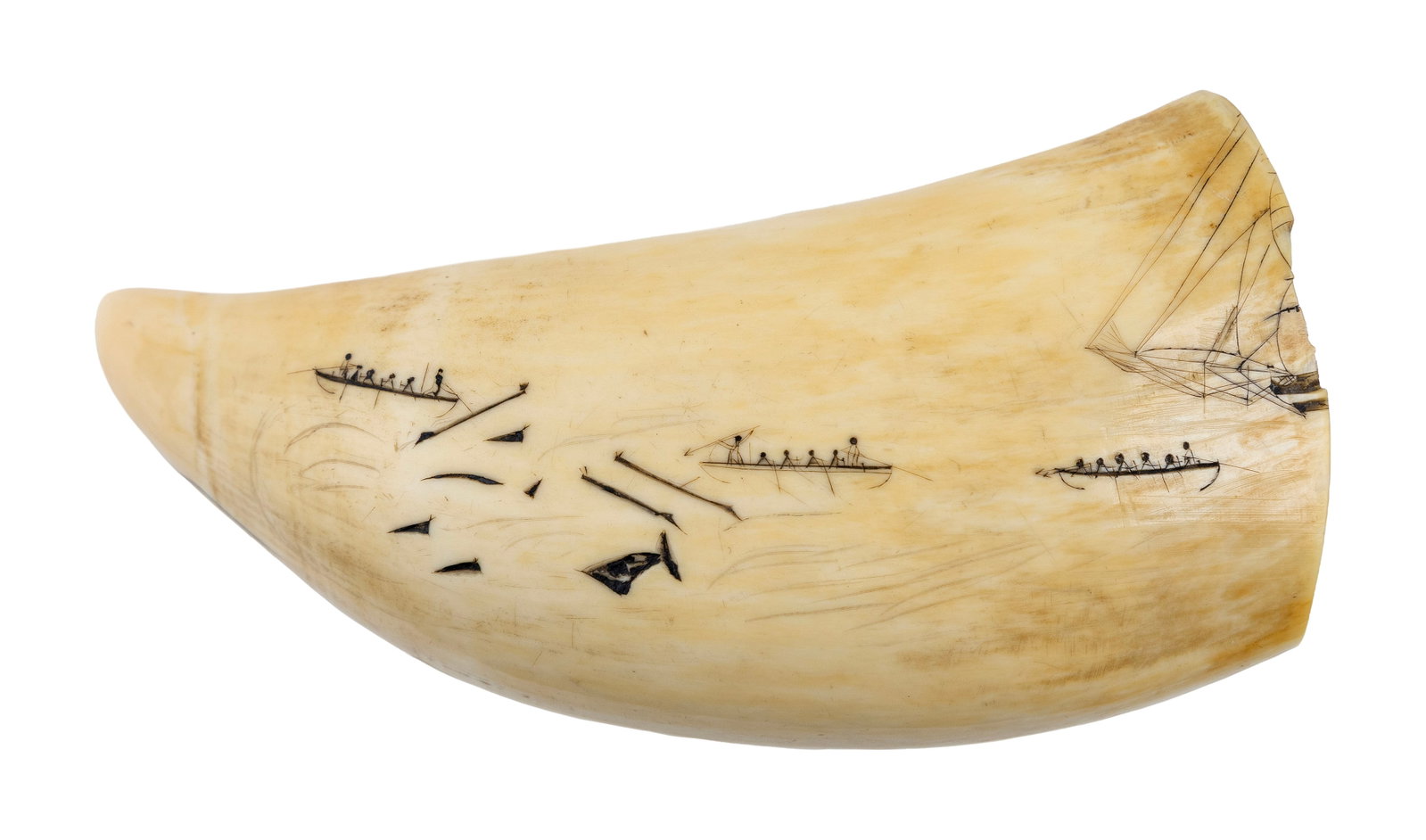 SCRIMSHAW WHALE'S TOOTH WITH WHALING SCENE Mid-19th Century Length 5.5". (1 of 2)