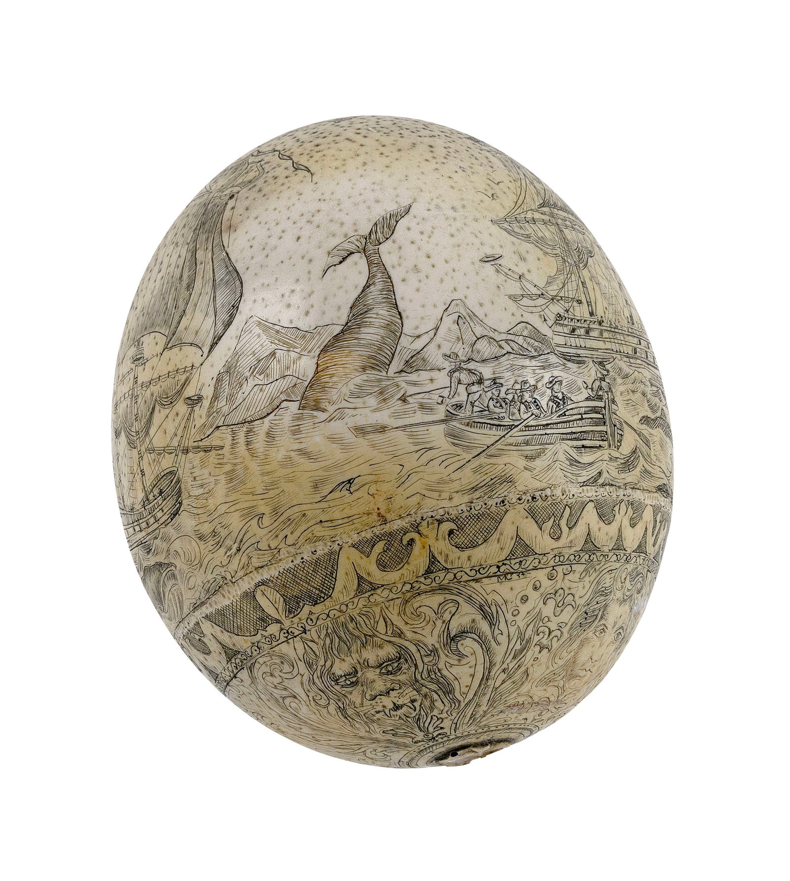 ENGRAVED OSTRICH EGG 20th Century Height 5.5".: ENGRAVED OSTRICH EGG 20th Century Dramatic whaling scene wraps around the circumference. Four mythological figural masks at base. Height 5.5".