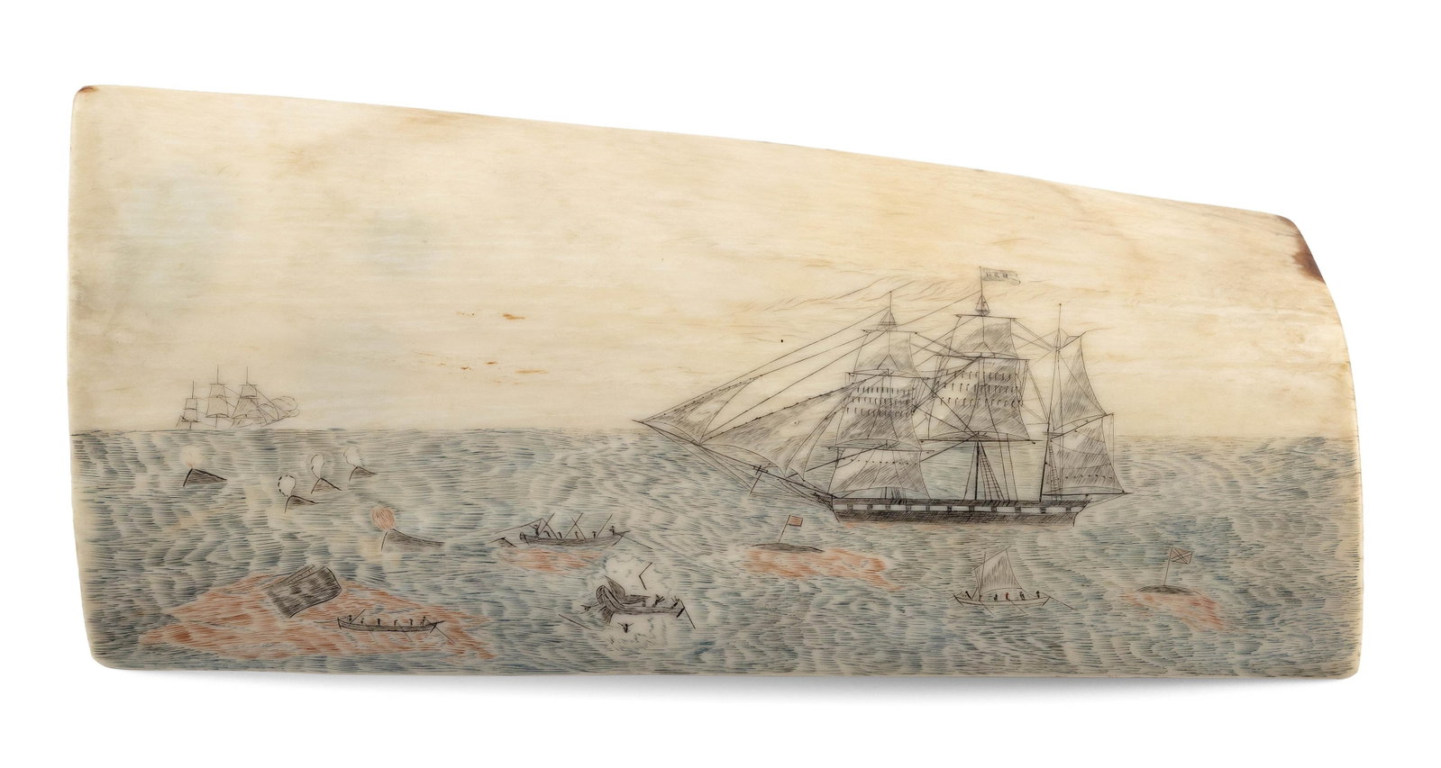 EXCEPTIONAL POLYCHROME SCRIMSHAW PANBONE PLAQUE WITH WHALING SCENE Mid-19th Century 5.25" x 11.75". (1 of 4)