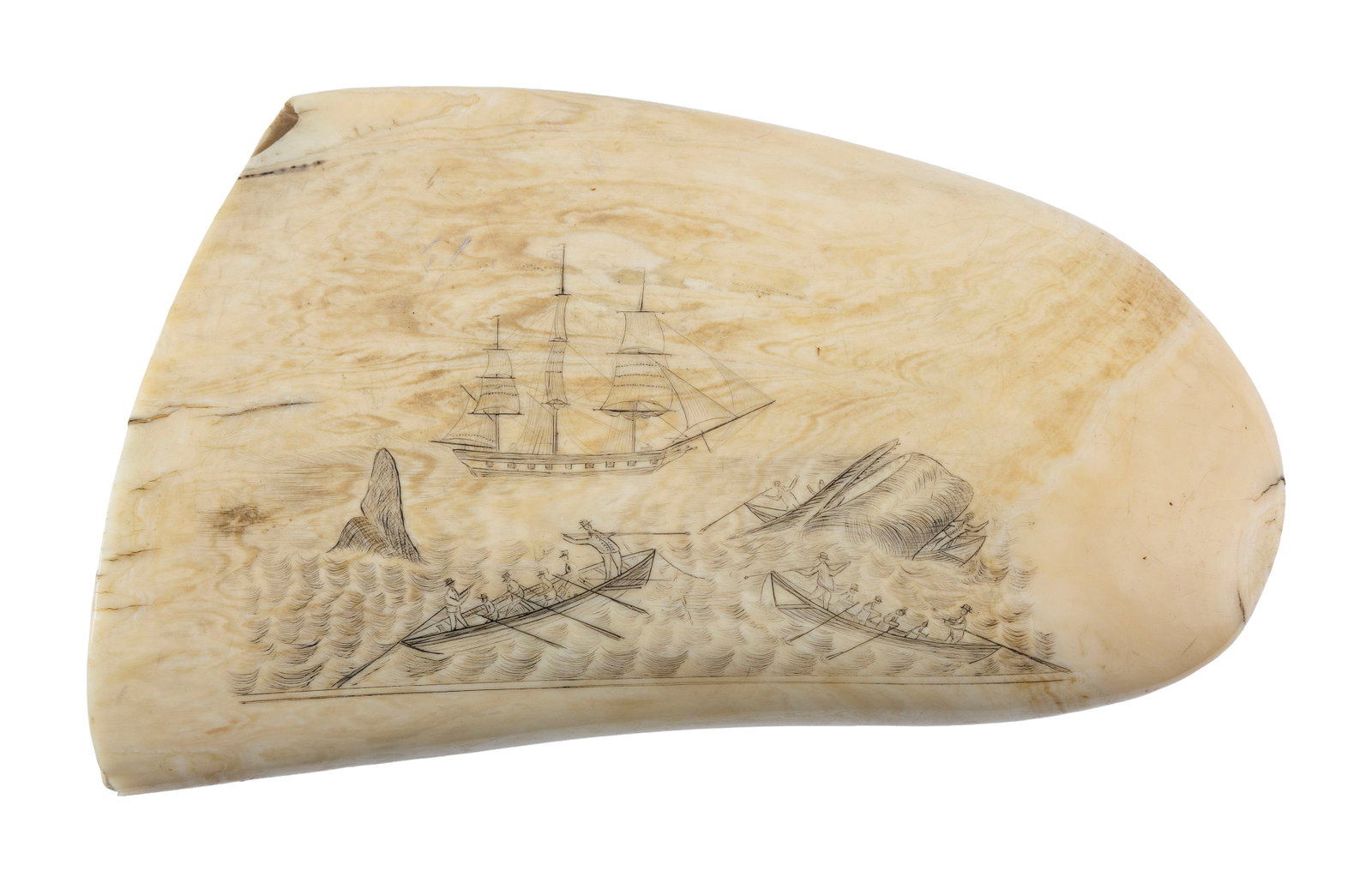SCRIMSHAW WHALE'S TOOTH WITH WHALING SCENE Second Half of the 19th Century Length 6". (1 of 2)