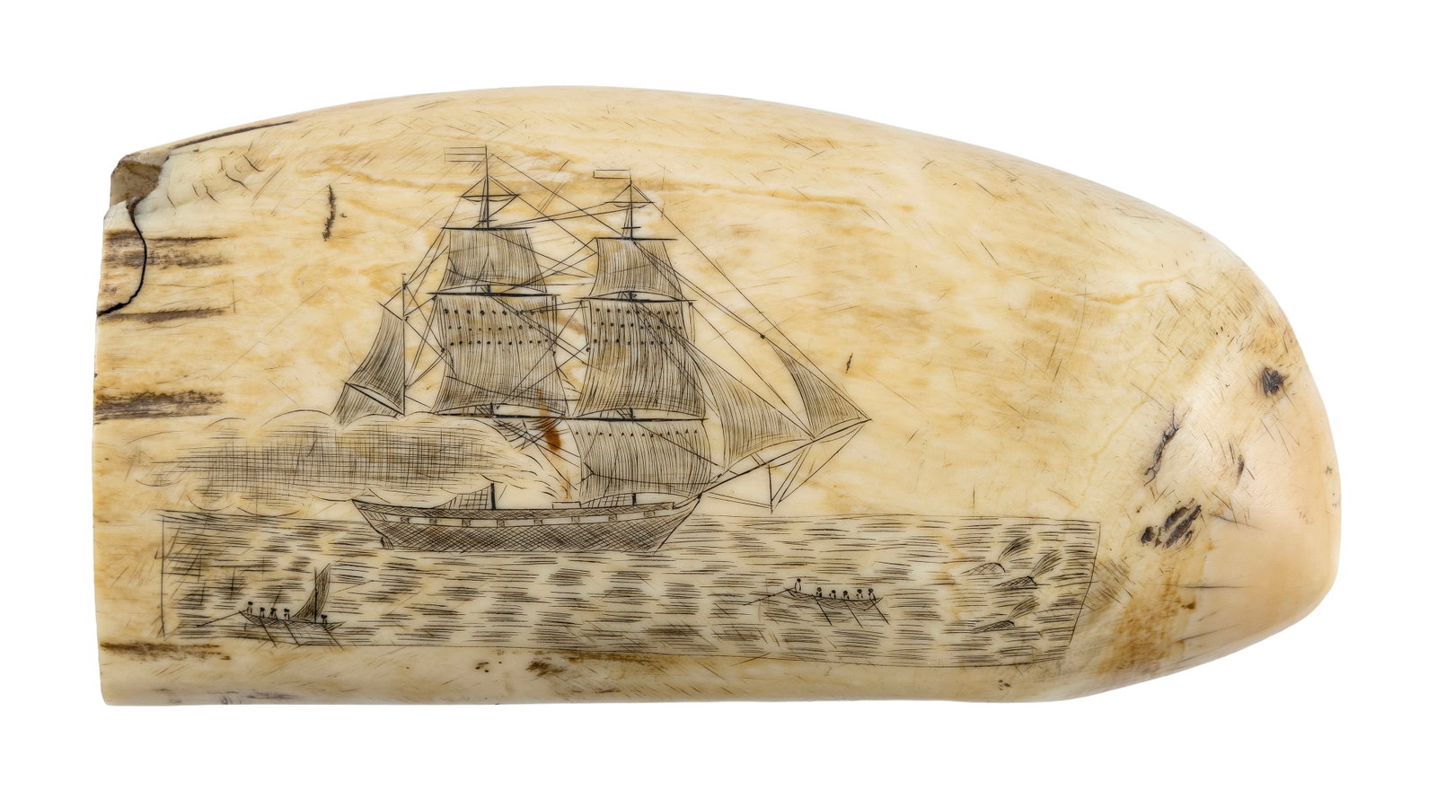 SCRIMSHAW WHALE'S TOOTH WITH WHALING AND BATTLE SCENES 19th Century Length 6".: SCRIMSHAW WHALE'S TOOTH WITH WHALING AND BATTLE SCENES 19th Century Obverse depicts an active whaling scene with two whaleboats, three whales and a whaleship trying out. Reverse depicts a naval battle