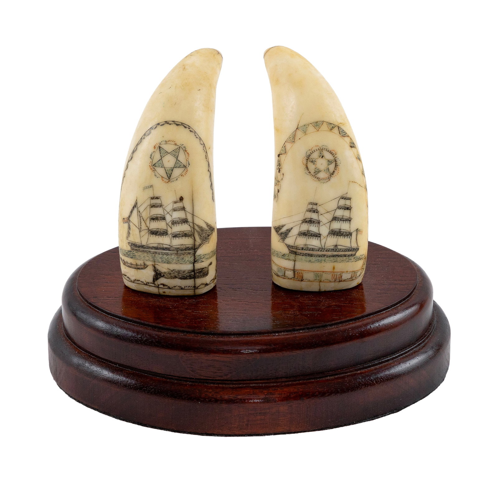 PAIR OF POLYCHROME SCRIMSHAW WHALE'S TEETH WITH SHIPS AND WHALING SCENES Circa 1860 Teeth lengths (1 of 1)