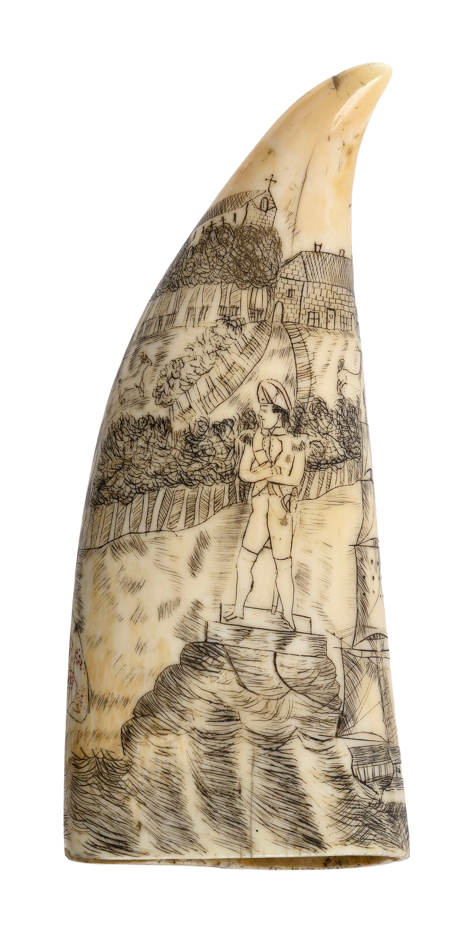 POLYCHROME SCRIMSHAW WHALE'S TOOTH WITH PATRIOTIC MOTIFS 19th Century Length 5.75". With (1 of 3)