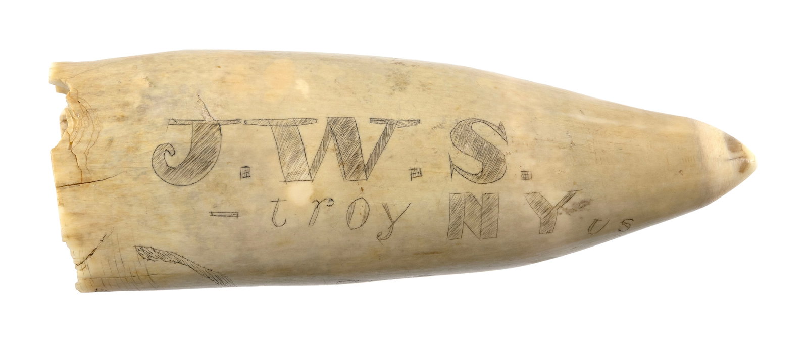 SCRIMSHAW WHALE'S TOOTH FEATURING A MILITARY MAN ON HORSEBACK America, Circa 1860 Length 6". (1 of 2)