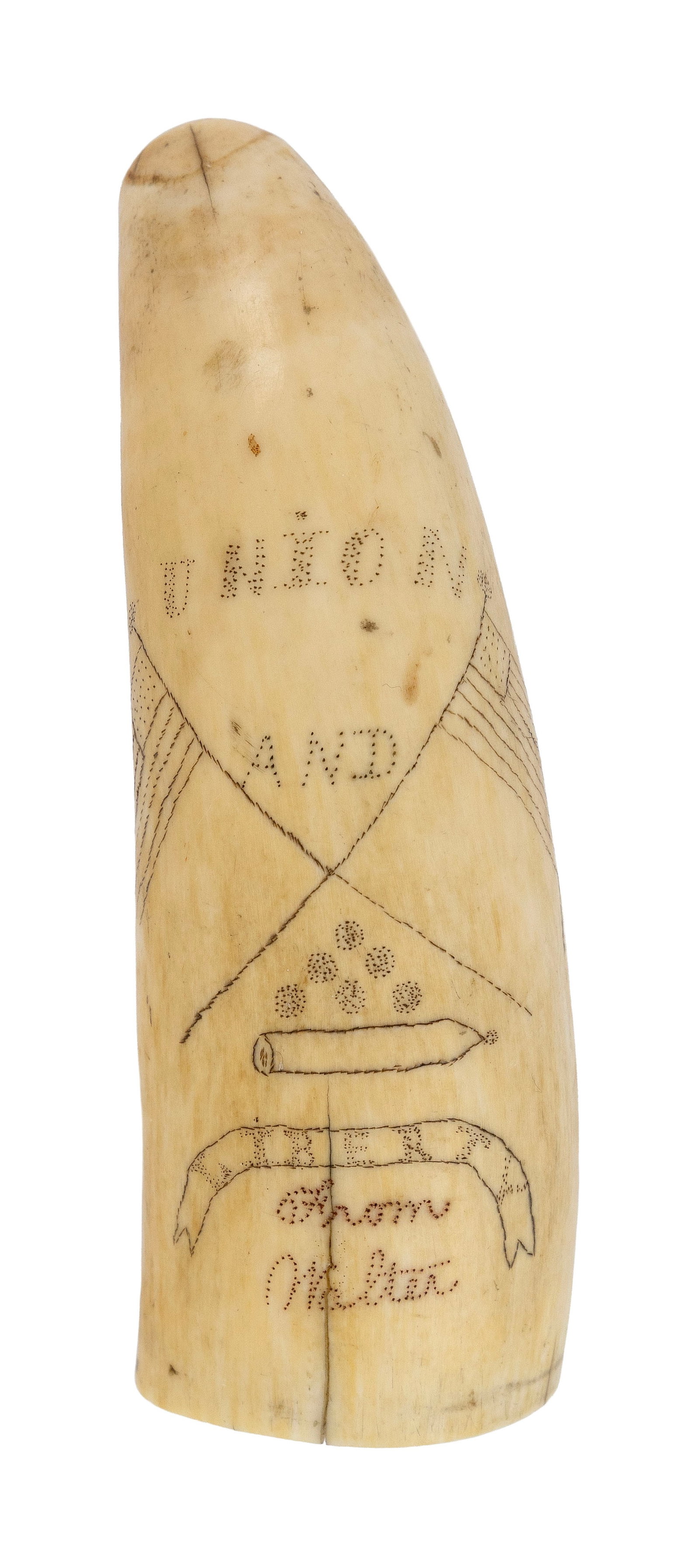 SCRIMSHAW WHALE'S TOOTH WITH PATRIOTIC MOTIFS 19th Century Length 3.5". (1 of 1)