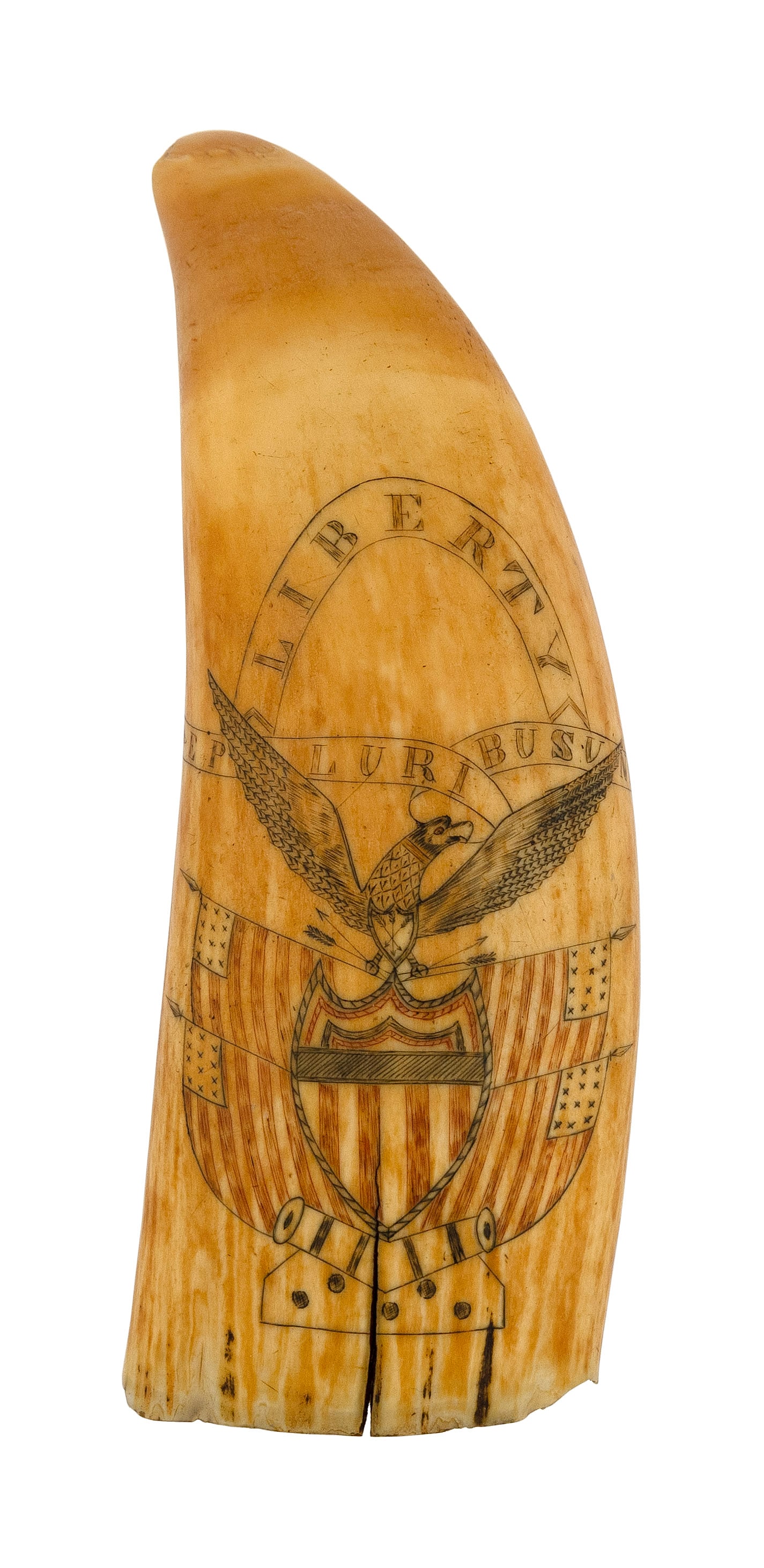 POLYCHROME SCRIMSHAW WHALE'S TOOTH WITH PATRIOTIC MONTAGE AND "LADY OF LIMA" Mid-19th Century Length: POLYCHROME SCRIMSHAW WHALE'S TOOTH WITH PATRIOTIC MONTAGE AND "LADY OF LIMA" Mid-19th Century Obverse depicts "Liberty" and "E Pluribus Unum" above a spread-wing eagle with a red collar at its neck, a
