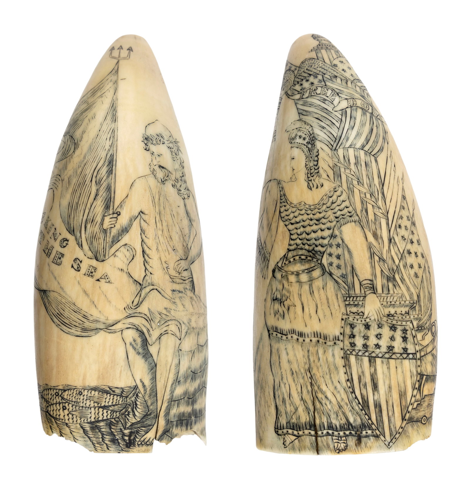 PAIR OF SCRIMSHAW WHALE'S TEETH BY "KING OF THE SEA ENGRAVER" SAMUEL TENNEY 19th Century Lengths: PAIR OF SCRIMSHAW WHALE'S TEETH BY "KING OF THE SEA ENGRAVER" SAMUEL TENNEY 19th Century Obverse of one depicts Neptune holding a billowing flag emblazoned "King of the Sea", with a school of fish in 