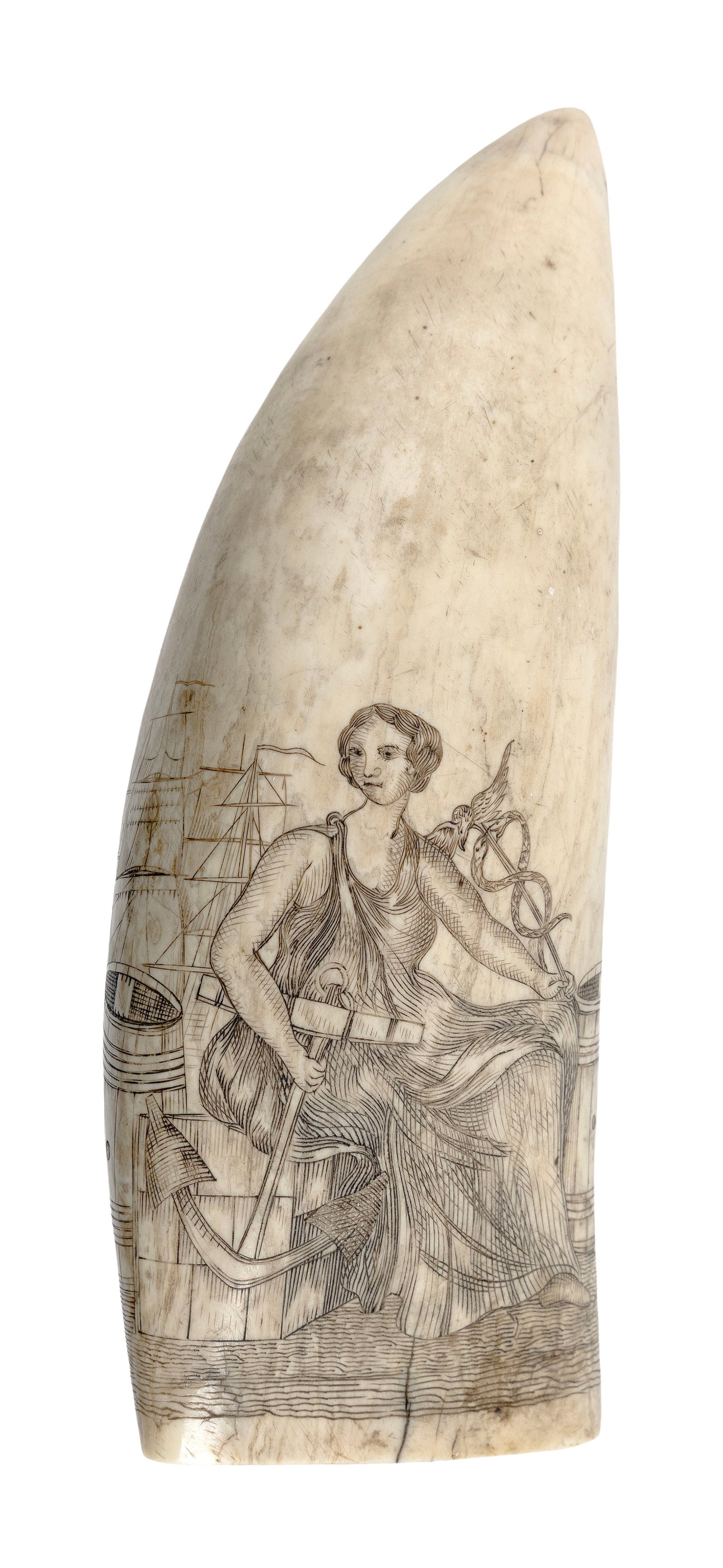 SIGNED SCRIMSHAW WHALE'S TOOTH DEPICTING HOPE AND PROSPERITY Mid-19th Century Length 6.25". (1 of 2)
