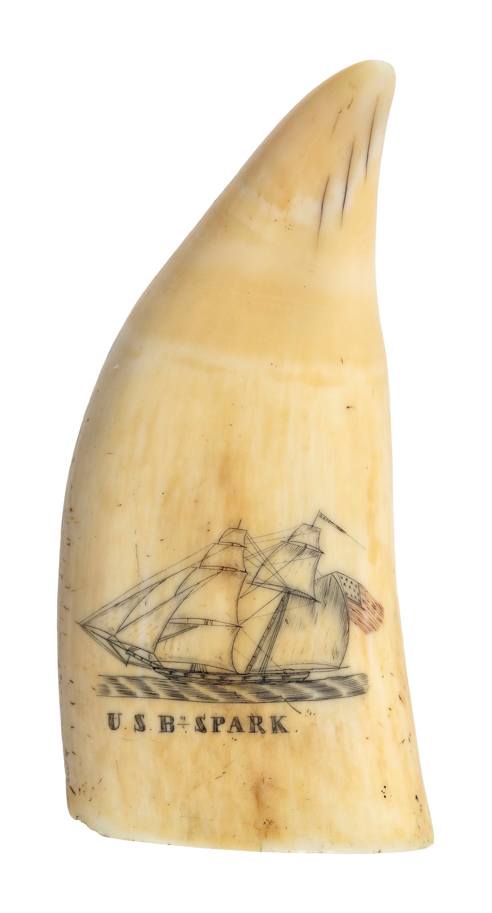 POLYCHROME SCRIMSHAW WHALE'S TOOTH "U.S.B. SPARK" America, Circa 1840 Length 5.5". (1 of 2)