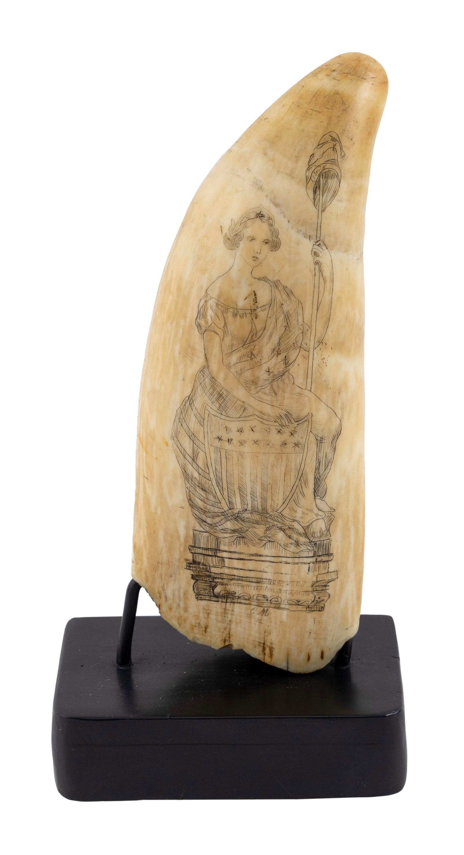 SCRIMSHAW WHALE'S TOOTH DEPICTING LADY LIBERTY 19th Century Length 7.5".: SCRIMSHAW WHALE'S TOOTH DEPICTING LADY LIBERTY 19th Century Obverse depicts Liberty seated on a pedestal, holding a staff topped with a Liberty cap in her left hand and a Union shield at her side with