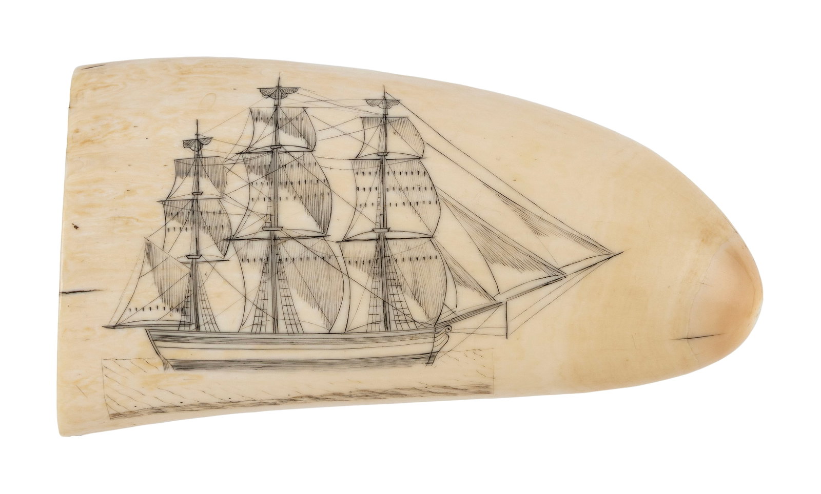 SCRIMSHAW WHALE'S TOOTH WITH SHIP PORTRAITS 19th Century Length 6". (1 of 2)