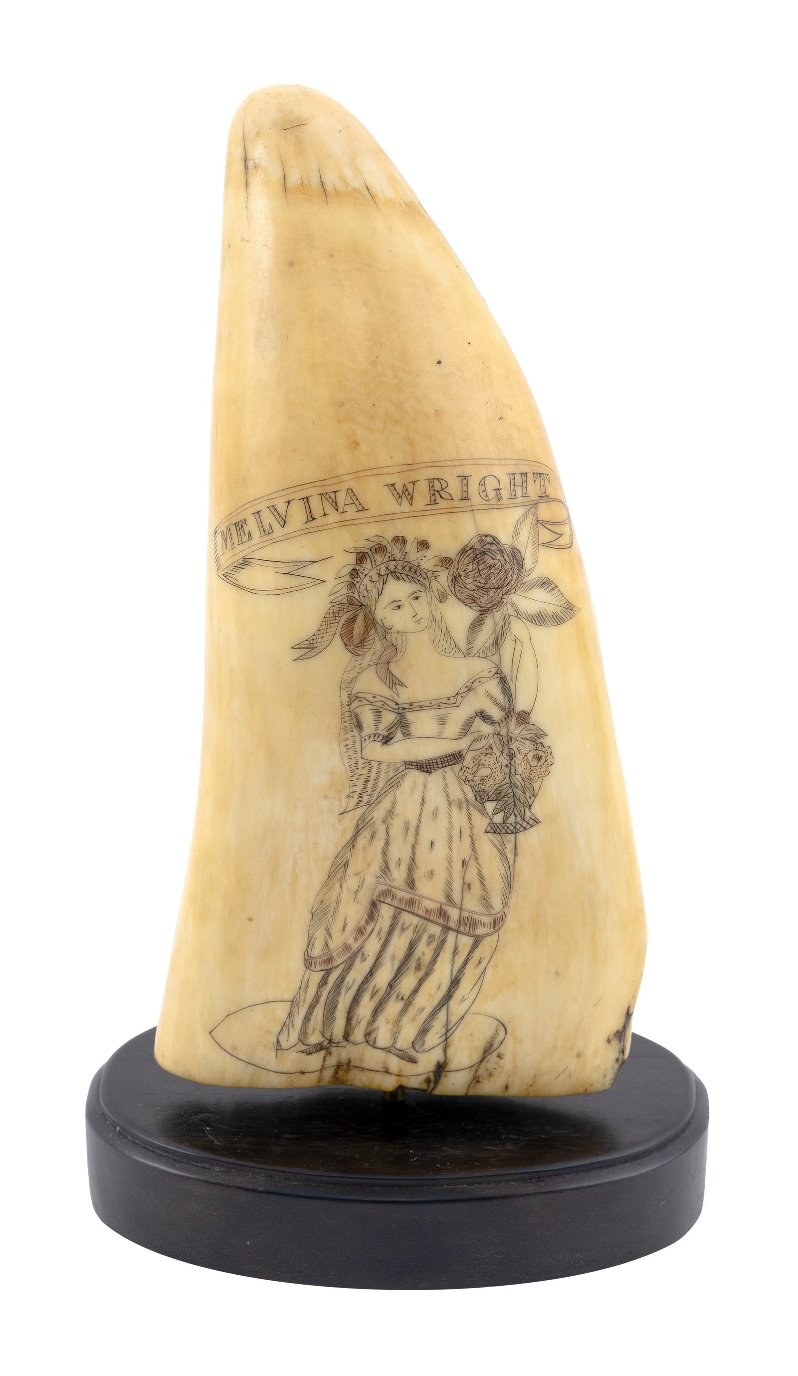 LARGE POLYCHROME SCRIMSHAW WHALE'S TOOTH WITH SHIP PORTRAIT Mid-19th Century Length 8.75". (1 of 4)