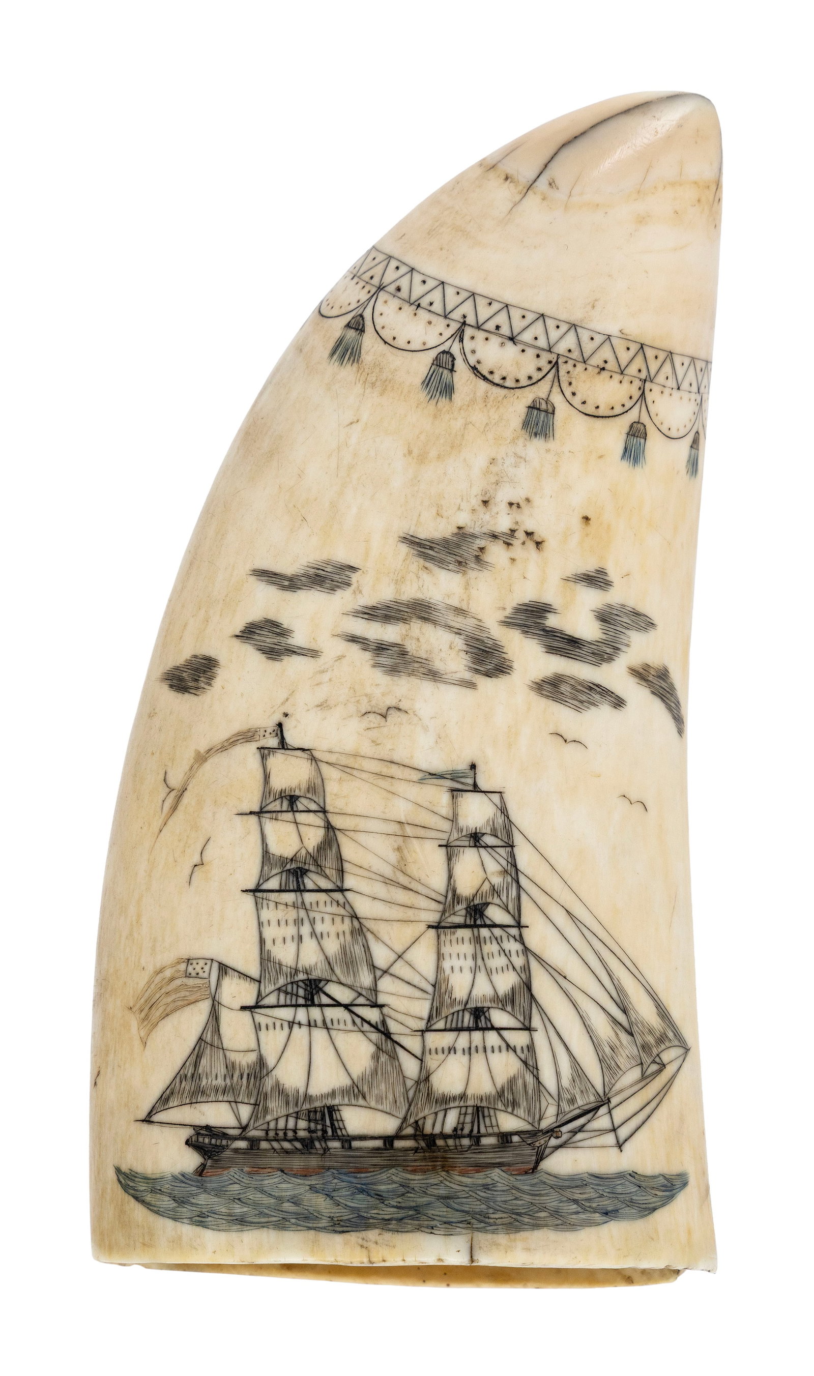 POLYCHROME SCRIMSHAW WHALE'S TOOTH 19th Century Length 5".: POLYCHROME SCRIMSHAW WHALE'S TOOTH 19th Century Obverse depicts an American-flagged brig under dark clouds, its red hull peeking through the blue waves. Reverse with a portrait of a woman in elaborate