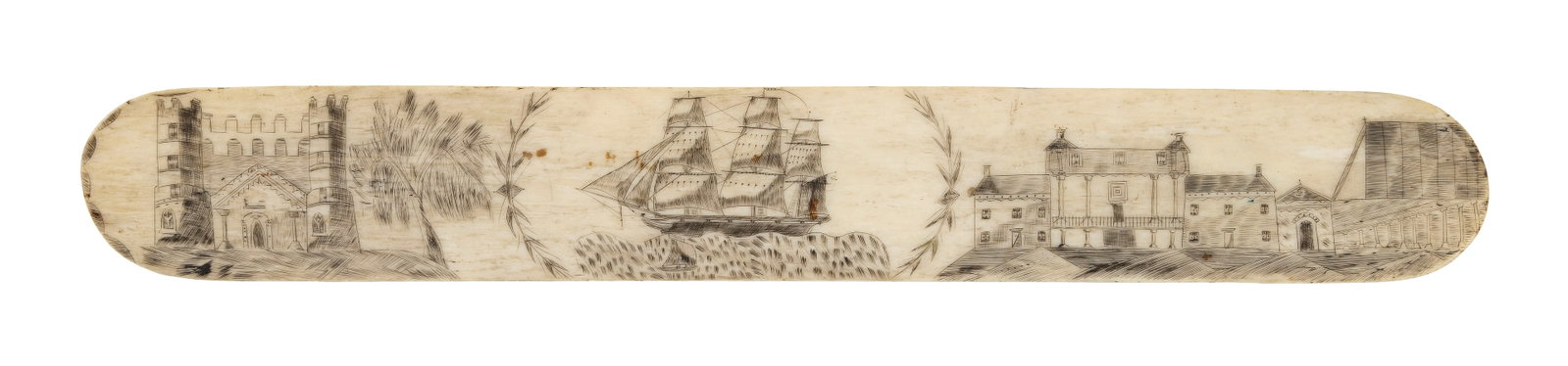 SCRIMSHAW WHALEBONE BUSK WITH THREE VIGNETTES 19th Century Length 14.5". (1 of 2)
