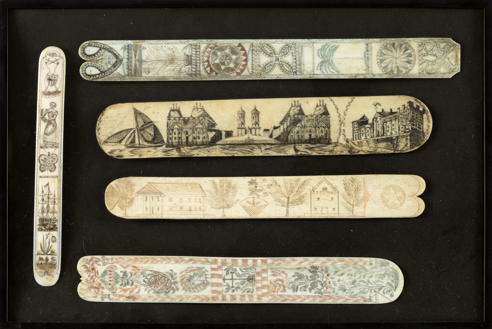COLLECTION OF FIVE SCRIMSHAW WHALEBONE BUSKS 19th Century Busk lengths from 9" to 14". Framed 12.5" (1 of 1)