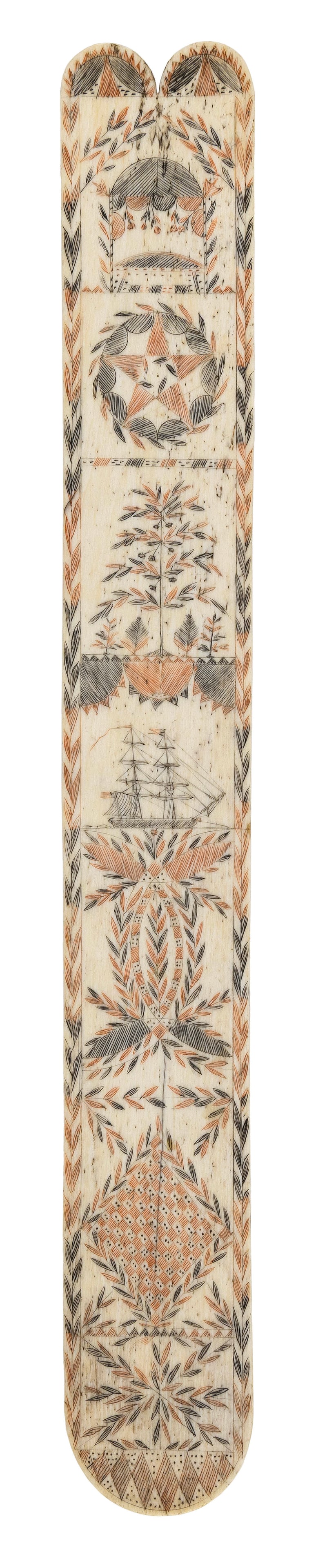 POLYCHROME SCRIMSHAW WHALEBONE BUSK 19th Century Length 13.75".: POLYCHROME SCRIMSHAW WHALEBONE BUSK 19th Century Fine red and black decoration of flowers, stars, trees, a ship flying an American flag, geometric designs and more, all within an alternating black and
