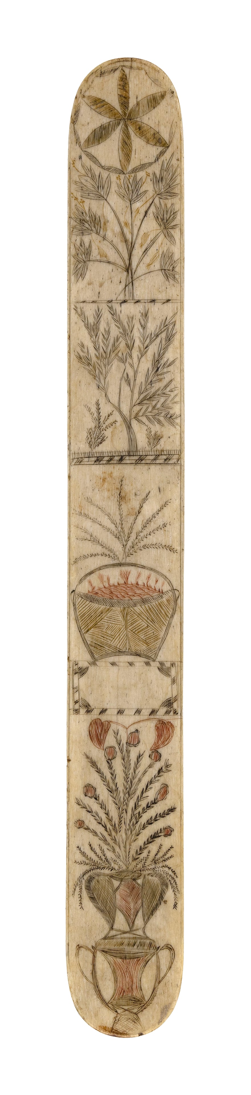 POLYCHROME SCRIMSHAW WHALEBONE BUSK Mid-19th Century Length 13.75". (1 of 1)