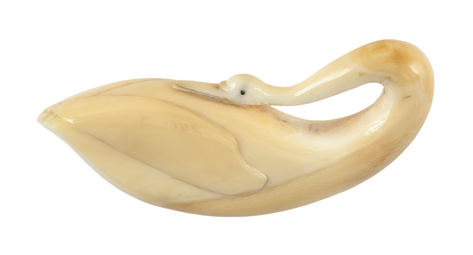 WHALE IVORY CARVING OF A PREENING SWAN 19th Century Length 3.5".: WHALE IVORY CARVING OF A PREENING SWAN 19th Century Beautifully carved graceful lines. Length 3.5".