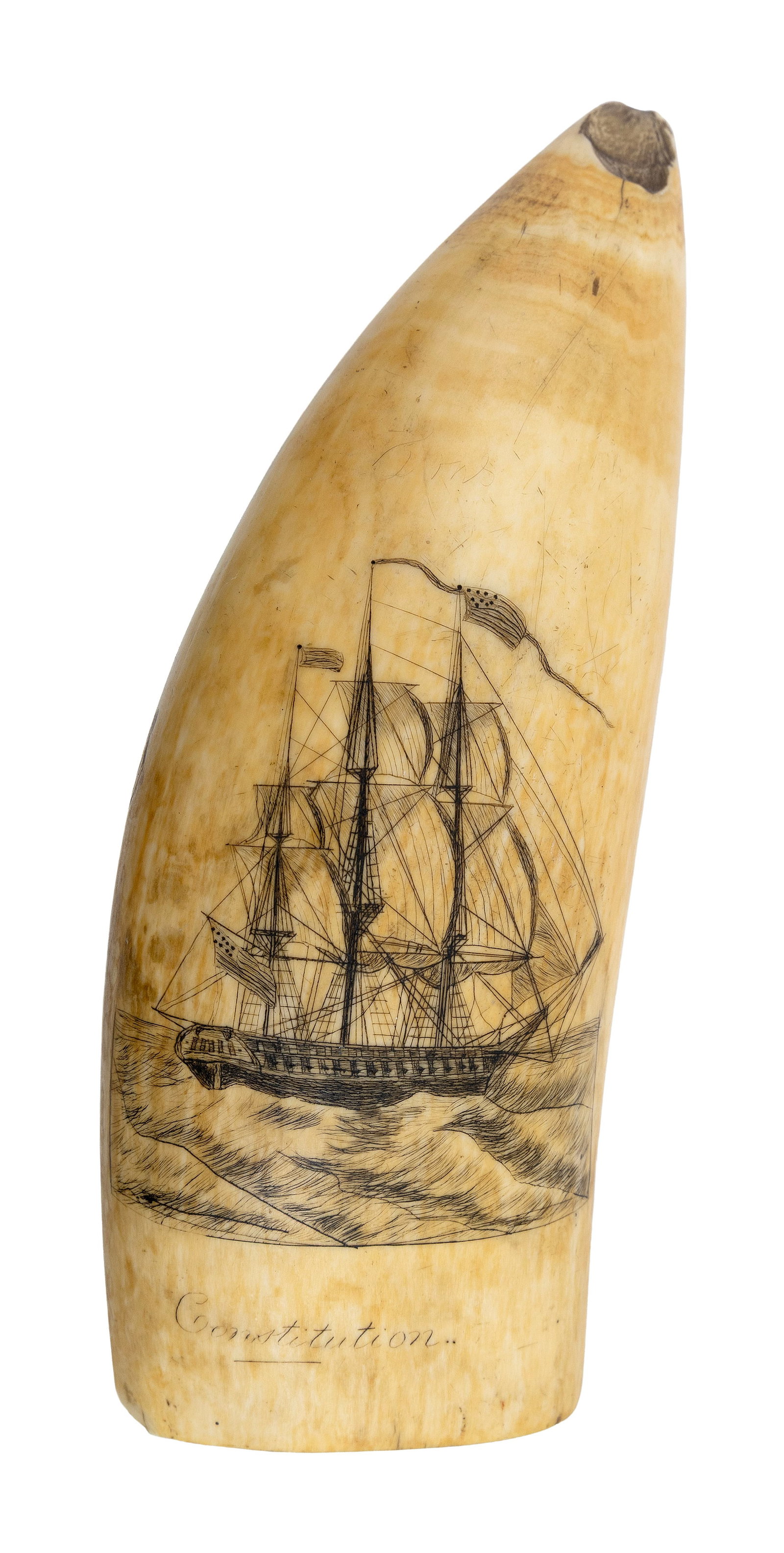 SCRIMSHAW WHALE'S TOOTH ATTRIBUTED TO THE LOCKET ENGRAVER 1830s-1840s Length 6.75". (1 of 2)