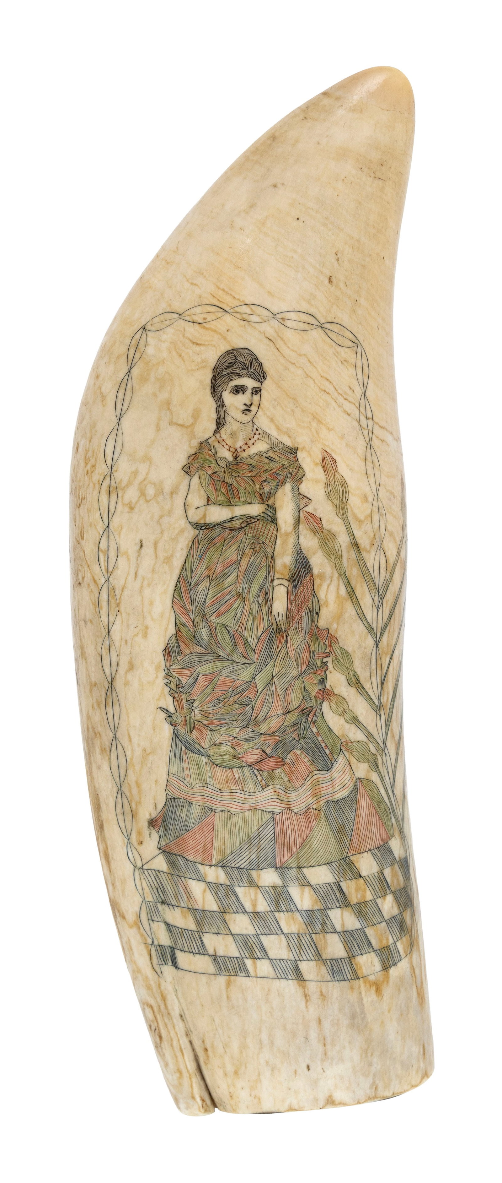 POLYCHROME SCRIMSHAW WHALE'S TOOTH WITH PORTRAIT OF A LADY Mid-19th Century Length 8.25". (1 of 2)