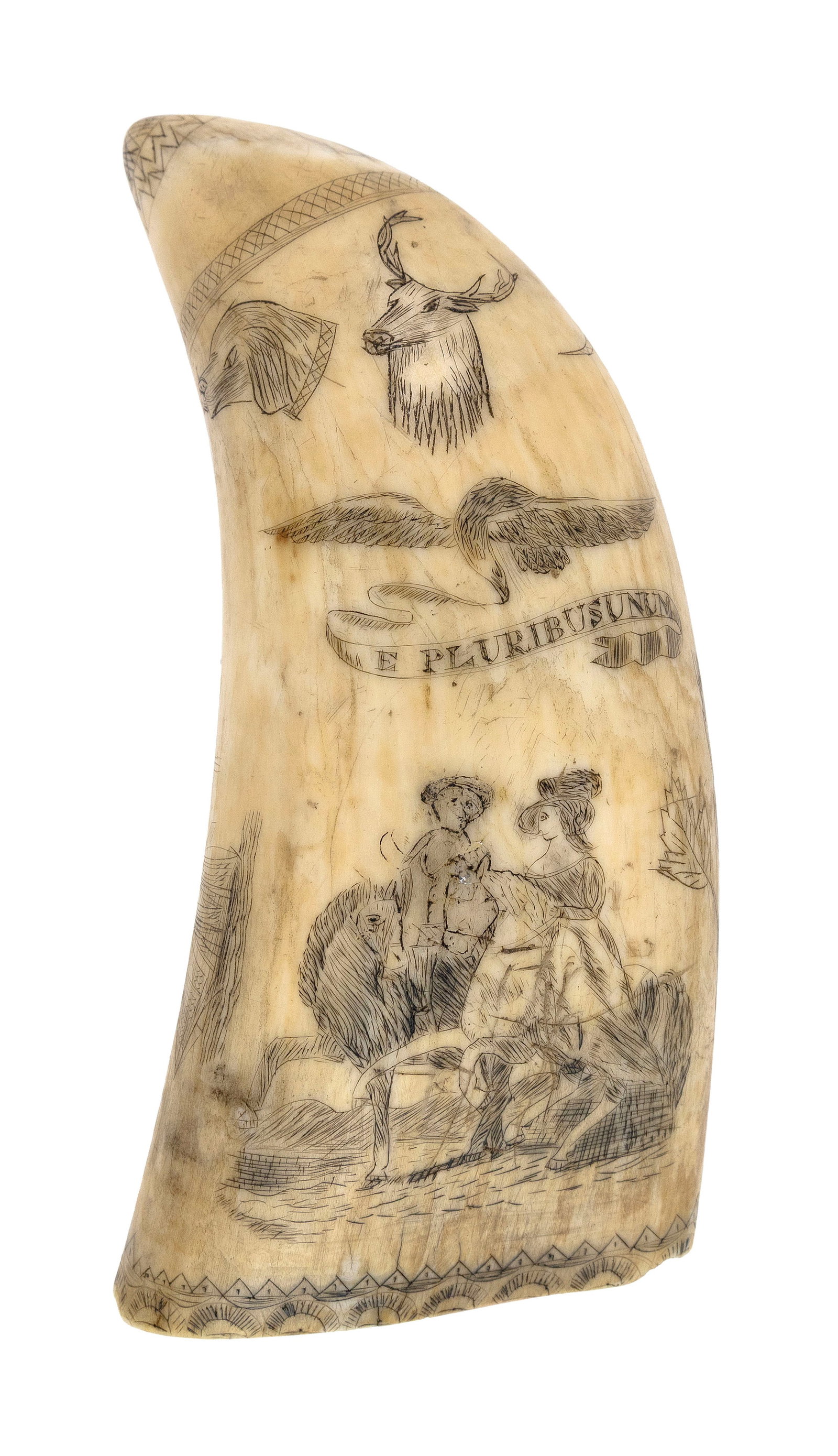 SCRIMSHAW WHALE'S TOOTH ATTRIBUTED TO THE EAGLE PORTRAITIST Mid-19th Century Length 5.25". With (1 of 2)