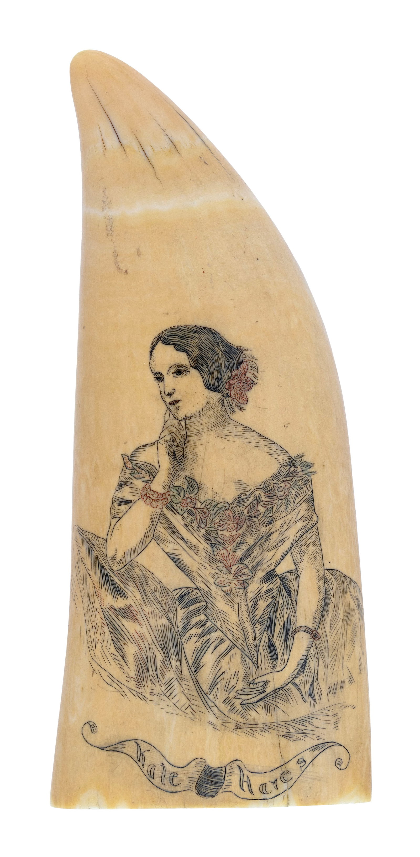 POLYCHROME SCRIMSHAW WHALE'S TOOTH WITH PORTRAIT OF "KATE HARES" Second Half of the 19th Century: POLYCHROME SCRIMSHAW WHALE'S TOOTH WITH PORTRAIT OF "KATE HARES" Second Half of the 19th Century Obverse with a seated half-length portrait of "Kate Hares", a young woman resting her right arm against