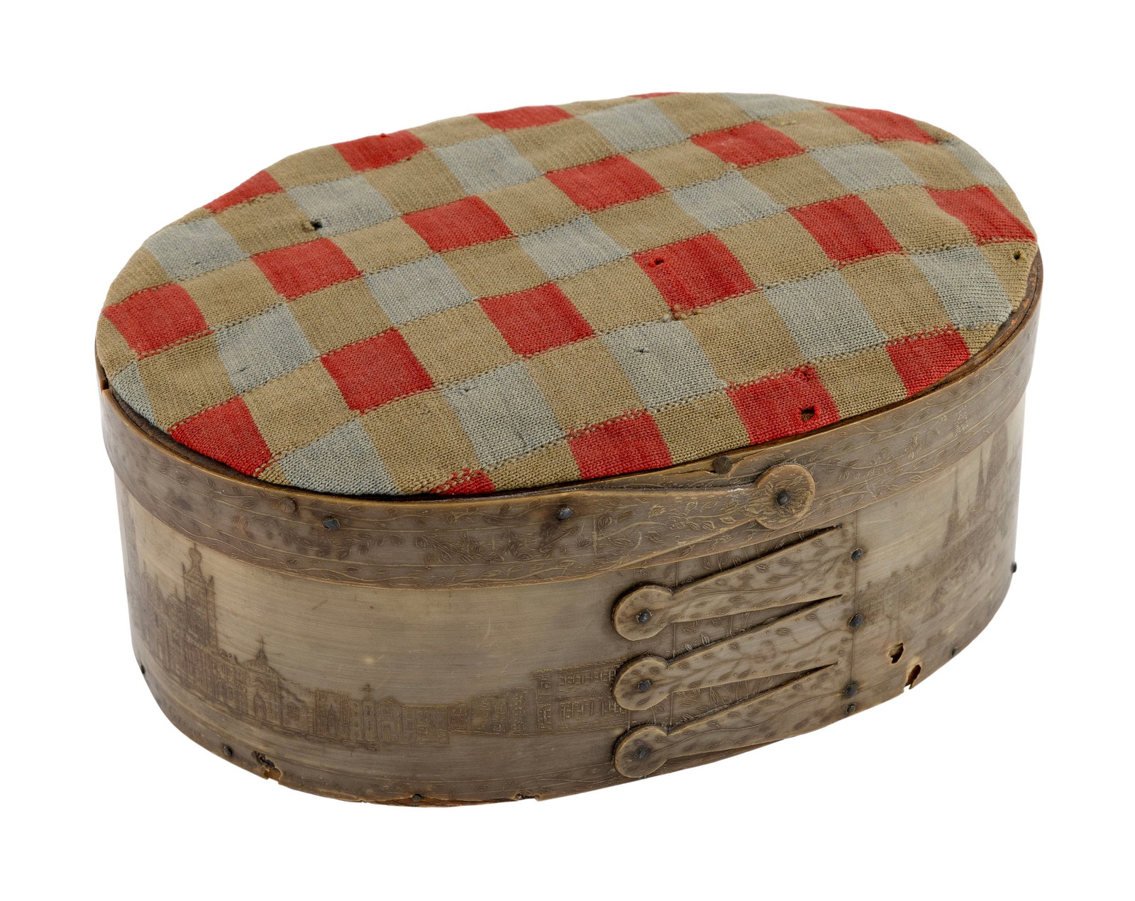 SCRIMSHAW BALEEN DITTY BOX 19th Century Height 3.5". Length 8". Width 5.75".: SCRIMSHAW BALEEN DITTY BOX 19th Century Engraved on lip "Ann F Cottle". Base depicts part of the Taj Mahal, Saint Paul's Church in London, the Great Square of Mexico City, and the American coat of arm