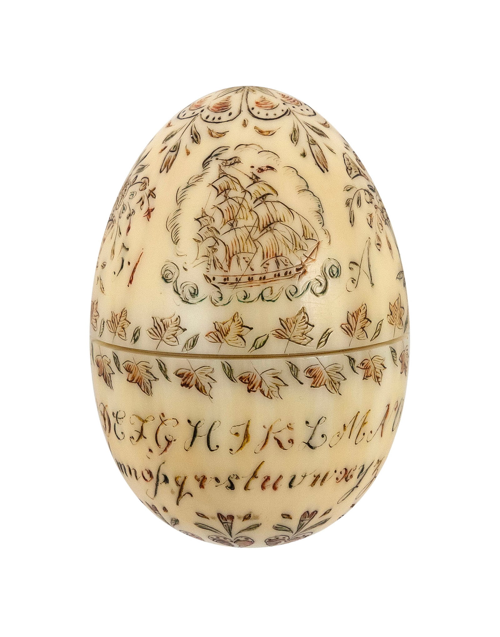 POLYCHROME SCRIMSHAW WHALE IVORY SEWING EGG Dated 1851 Length 2.75". (1 of 2)