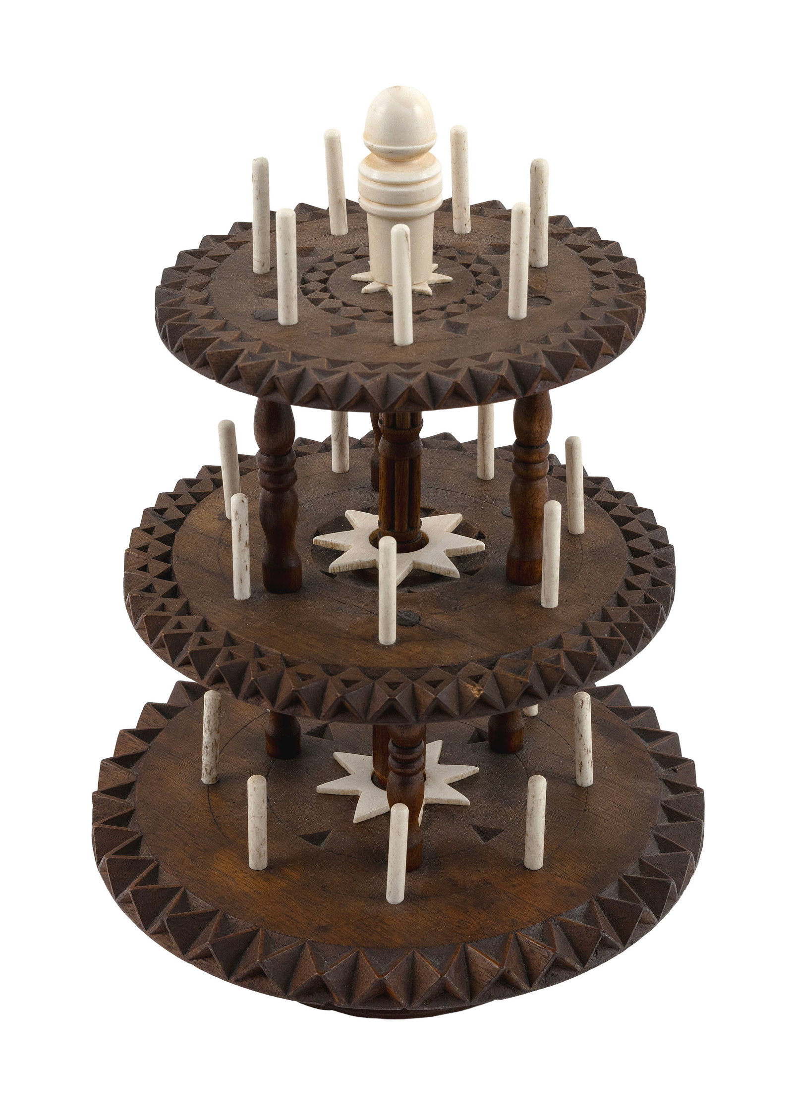 CARVED WHALE IVORY AND WALNUT THREAD HOLDER 19th Century Height 12.25". Diameter 8.25". (1 of 2)