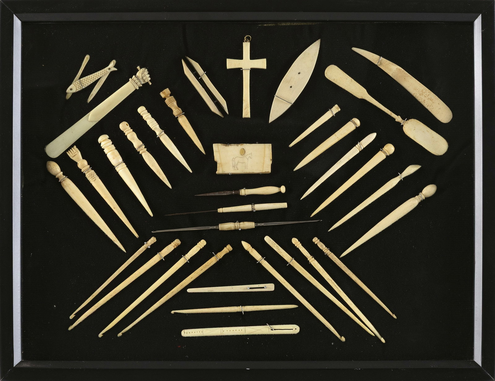 DISPLAY OF WHALEBONE AND WHALE IVORY UTILITARIAN ITEMS 19th Century Framed 13.5" x 17.25". (1 of 1)