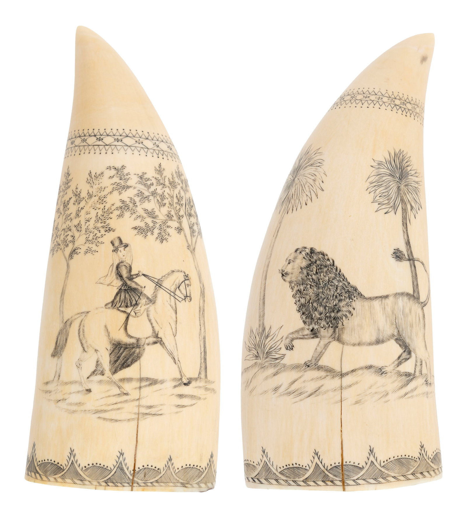 PAIR OF BANKNOTE ENGRAVER SCRIMSHAW WHALE'S TEETH Mid-19th Century Lengths 6.75" and 7.25". (1 of 5)