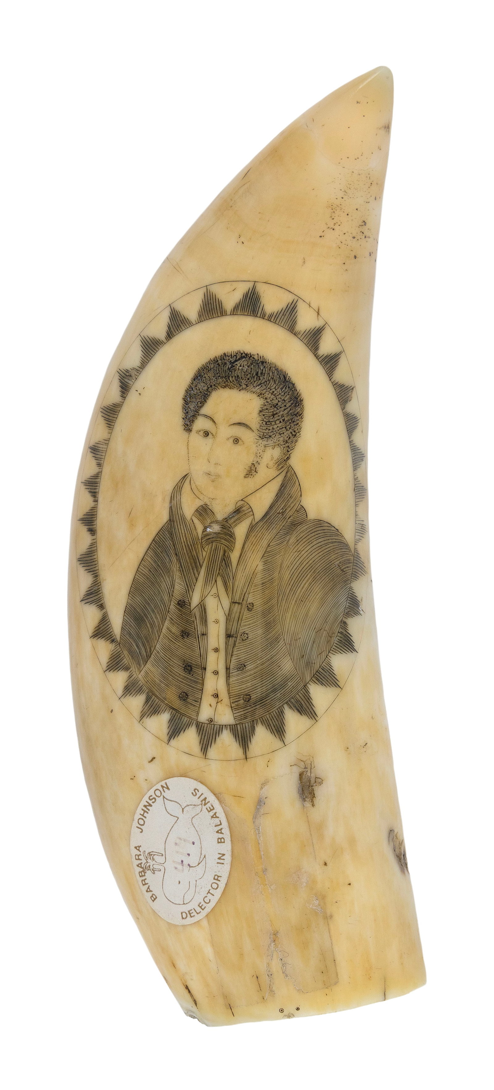 WILLIAM SIZER POLYCHROME SCRIMSHAW WHALE'S TOOTH Circa 1835 Length 6". (1 of 2)