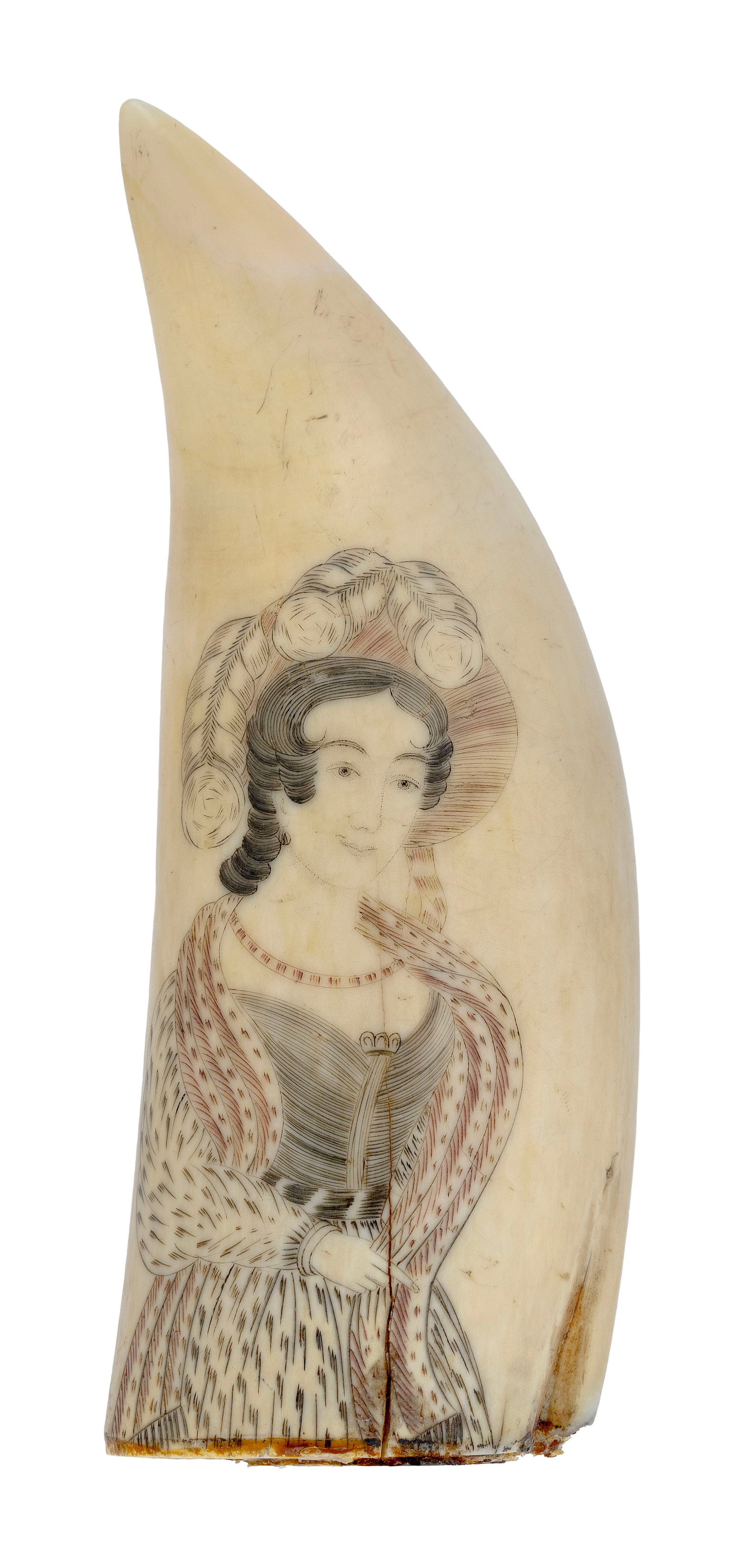 WILLIAM SIZER POLYCHROME SCRIMSHAW WHALE'S TOOTH WITH LADY'S PORTRAIT Circa 1835 Length 6".: WILLIAM SIZER POLYCHROME SCRIMSHAW WHALE'S TOOTH WITH LADY'S PORTRAIT Circa 1835 Half-length portrait of a woman wearing a large hat, necklace and patterned dress, holding the tail of her shawl agains