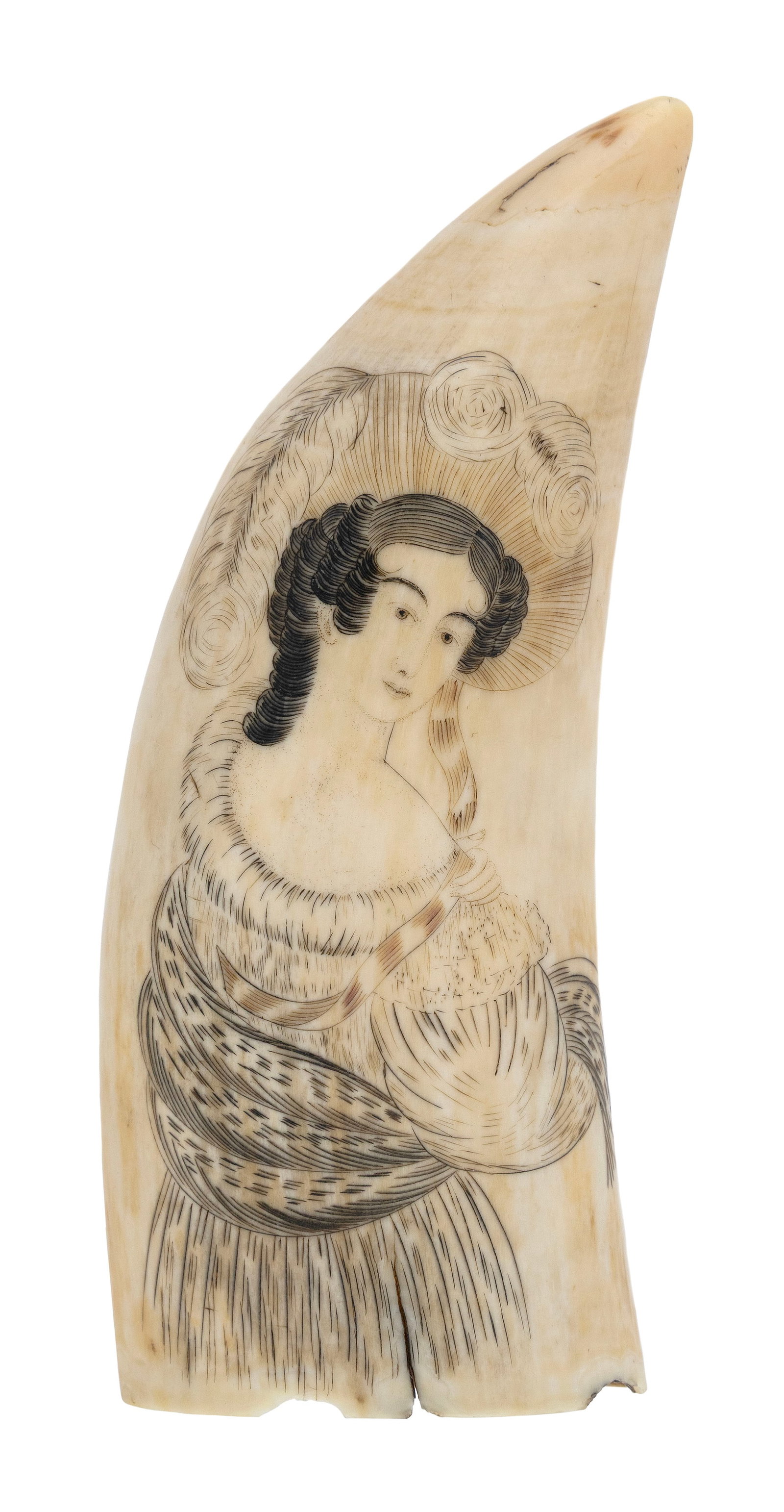 WILLIAM SIZER POLYCHROME SCRIMSHAW WHALE'S TOOTH WITH LADY'S PORTRAIT Circa 1835 Length 5.75". (1 of 2)