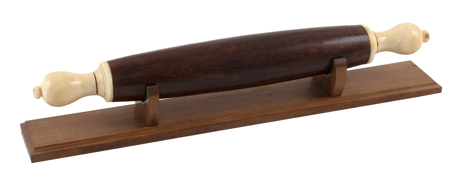 ROLLING PIN WITH WHALE IVORY HANDLES 19th Century Length 18.5". With stand.: ROLLING PIN WITH WHALE IVORY HANDLES 19th Century Bulbous handles with flattened ball knops and incised bands showing traces of red sealing wax. Hardwood roller. Length 18.5". With stand.