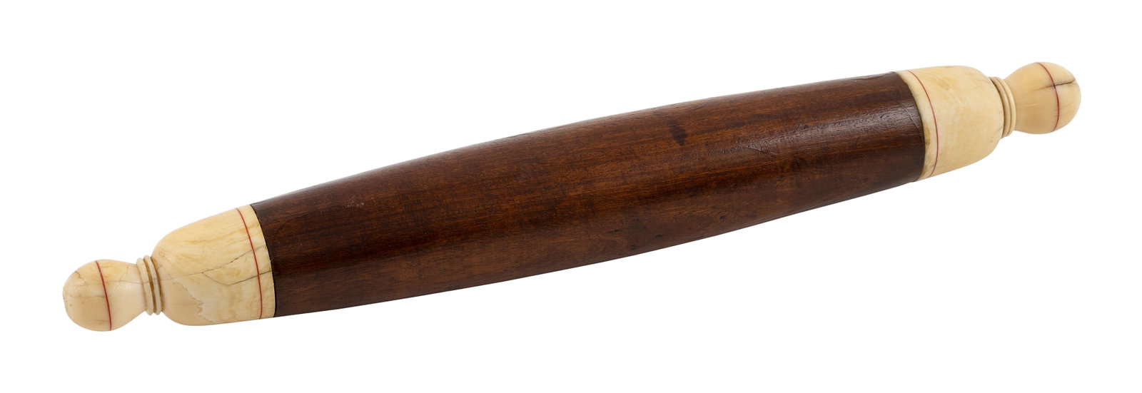 MAHOGANY AND WHALE IVORY ROLLING PIN 19th Century Length 15.5".: MAHOGANY AND WHALE IVORY ROLLING PIN 19th Century Turned whale ivory handles with red incised banding. Mahogany roller. Length 15.5". Provenance: The Estate of Justin Cobb. Eldred's, The Fall Mari