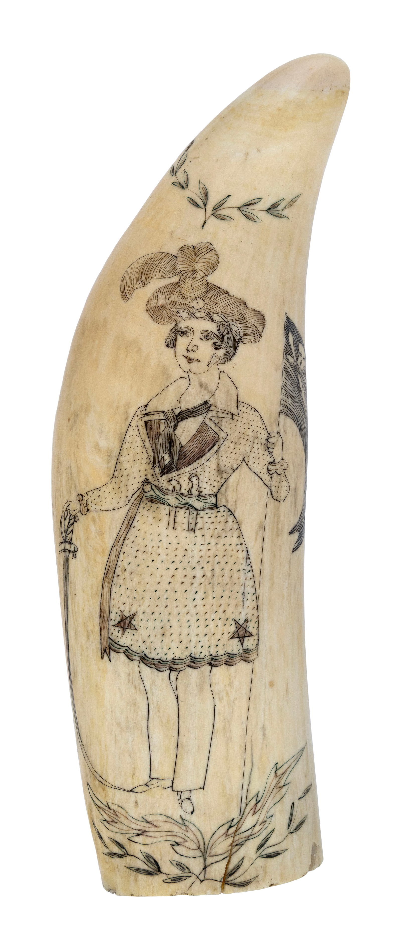 MASSIVE POLYCHROME SCRIMSHAW WHALE'S TOOTH DEPICTING FANNY CAMPBELL Mid-19th Century Length 8.25". (1 of 3)