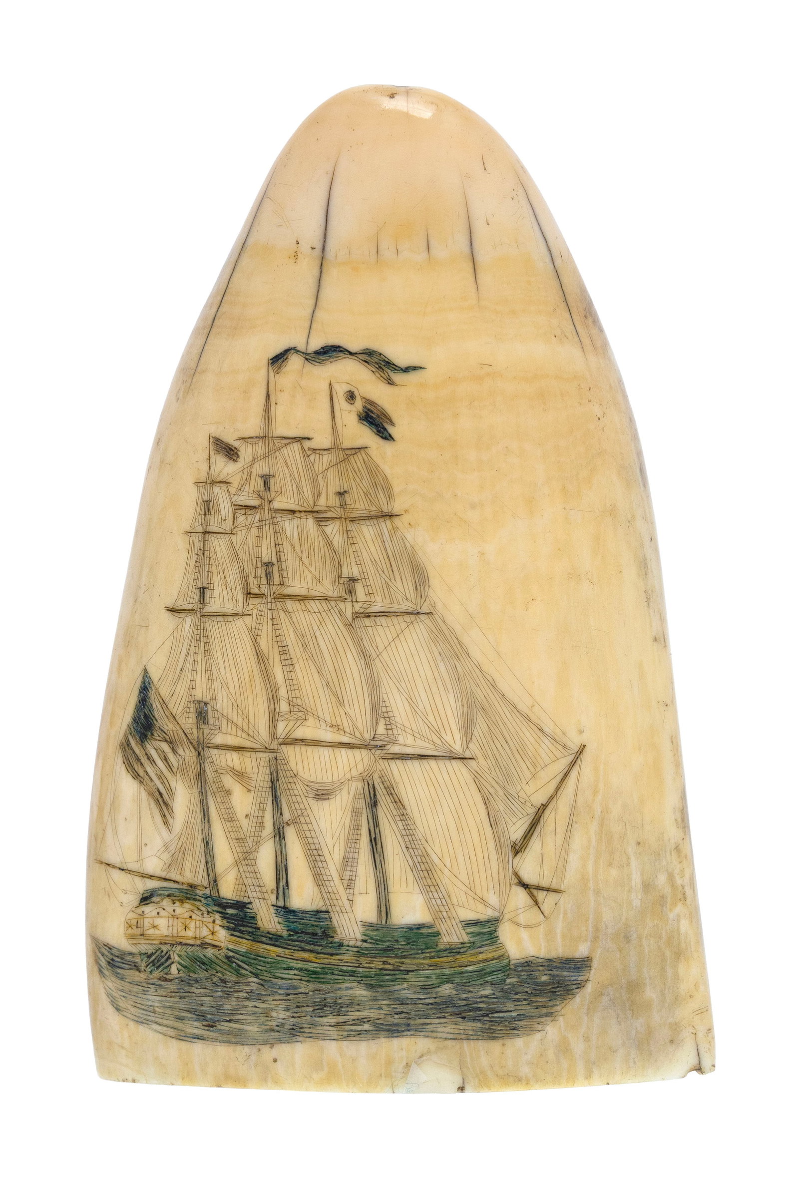 POLYCHROME SCRIMSHAW WHALE'S TOOTH DEPICTING ALWILDA Mid-19th Century Length 5.5". (1 of 2)