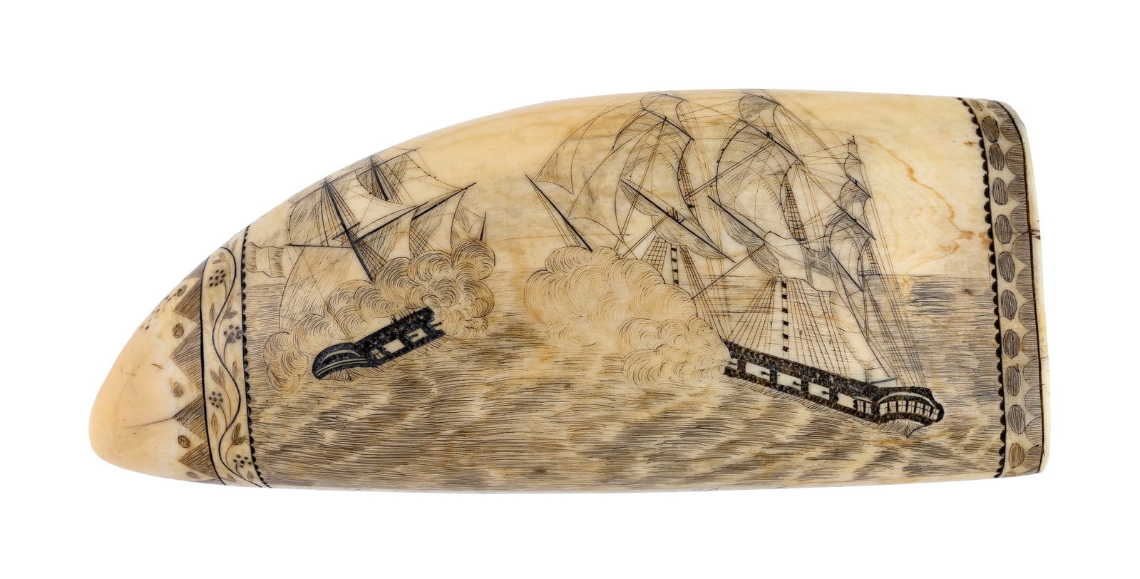 SCRIMSHAW WHALE'S TOOTH ATTRIBUTED TO THE LADY WELLINGTON ENGRAVER Mid-19th Century Length 6".: SCRIMSHAW WHALE'S TOOTH ATTRIBUTED TO THE LADY WELLINGTON ENGRAVER Mid-19th Century Obverse, titled "La Griffon. Bashante.", depicts a battle between the French navy brig Griffon and the H.M.S. Baccha