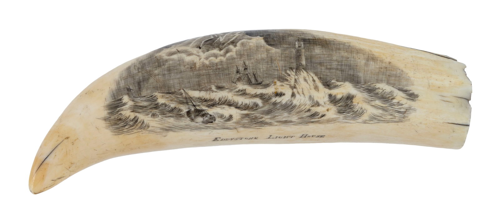POLYCHROME SCRIMSHAW WHALE'S TOOTH ATTRIBUTED TO THE NAVAL ENGAGEMENT ENGRAVER Mid-19th Century: POLYCHROME SCRIMSHAW WHALE'S TOOTH ATTRIBUTED TO THE NAVAL ENGAGEMENT ENGRAVER Mid-19th Century Obverse depicts "Sperm Whaling", a panoramic scene of two whaleships and seven whaleboats at various sta