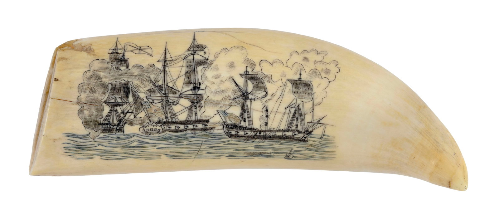POLYCHROME SCRIMSHAW WHALE'S TOOTH ATTRIBUTED TO THE NAVAL ENGAGEMENT ENGRAVER Mid-19th Century (1 of 2)